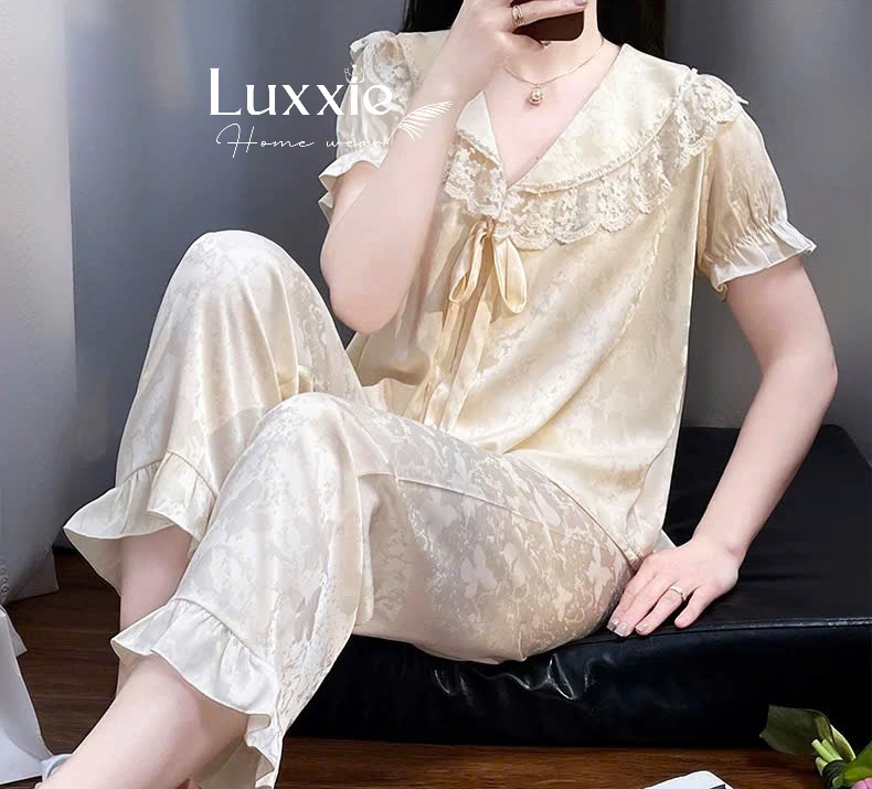N108B Pijama lụa gấm hoa cổ ren trắng buộc nơ cộc tay_thumbnail_9