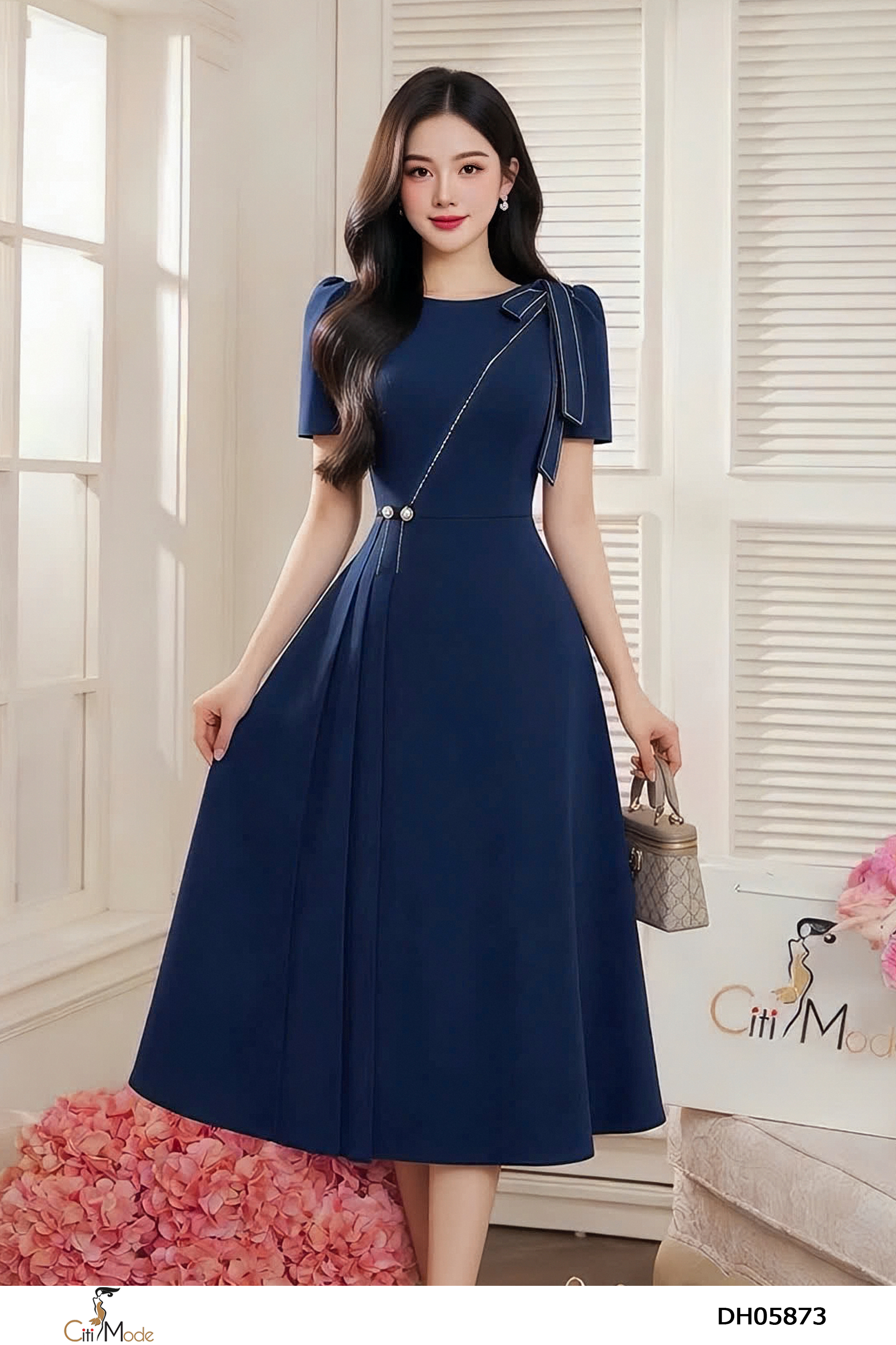 Đầm xòe tím than tay cọc nơ vai