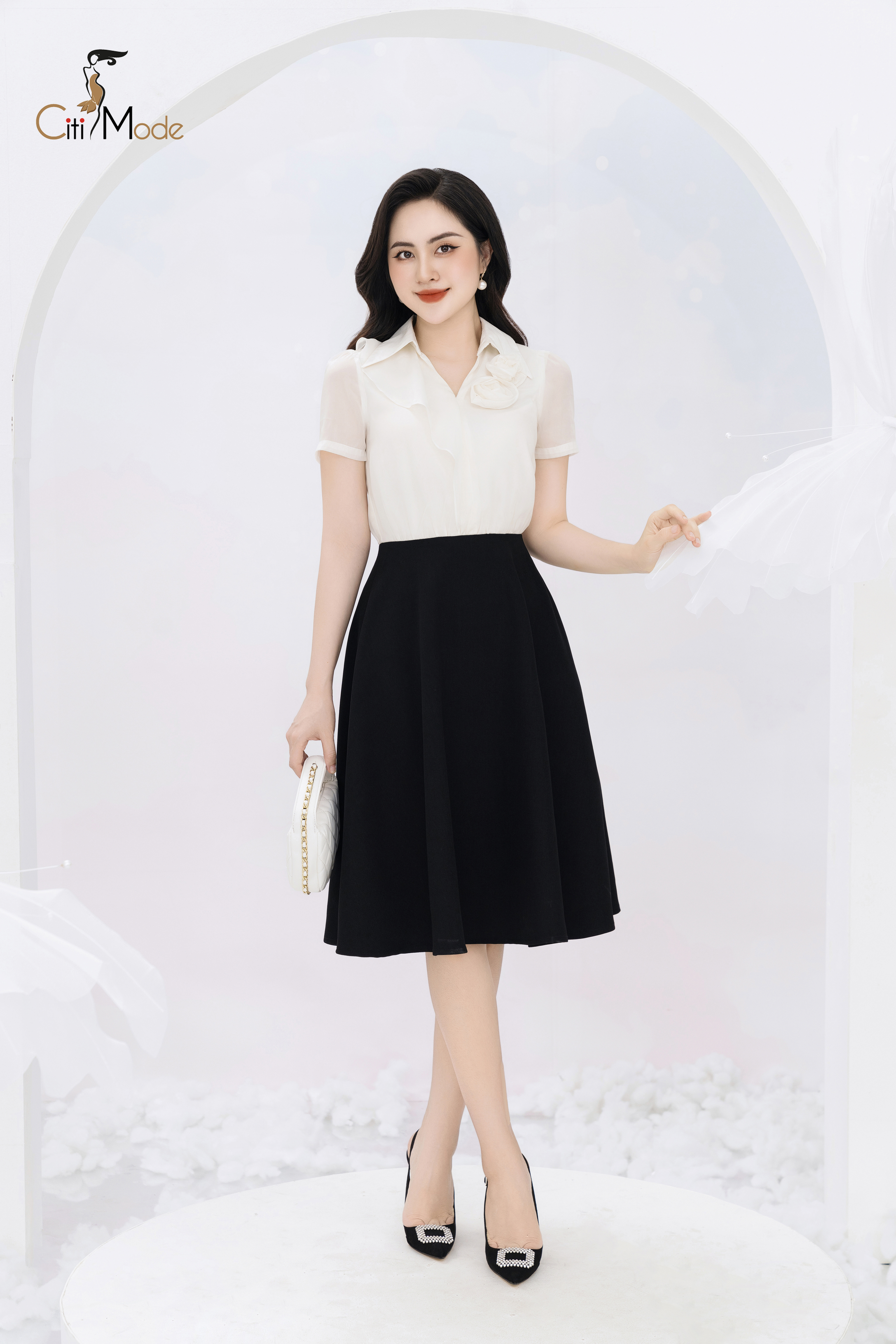 Đầm xoè trắng phối chân váy đen_thumbnail_2