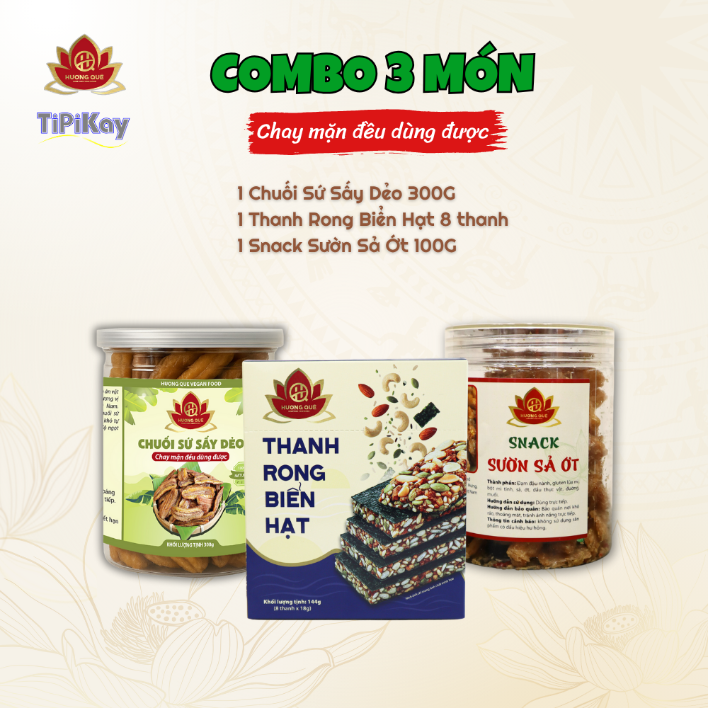 [Combo 3 món] 1 Chuối Sứ Sấy Dẻo 300G + 1 Thanh Rong Biển Hạt 144G + 1 Snack Sườn Sả Ớt 100G CBTP-CSD300RBHSS