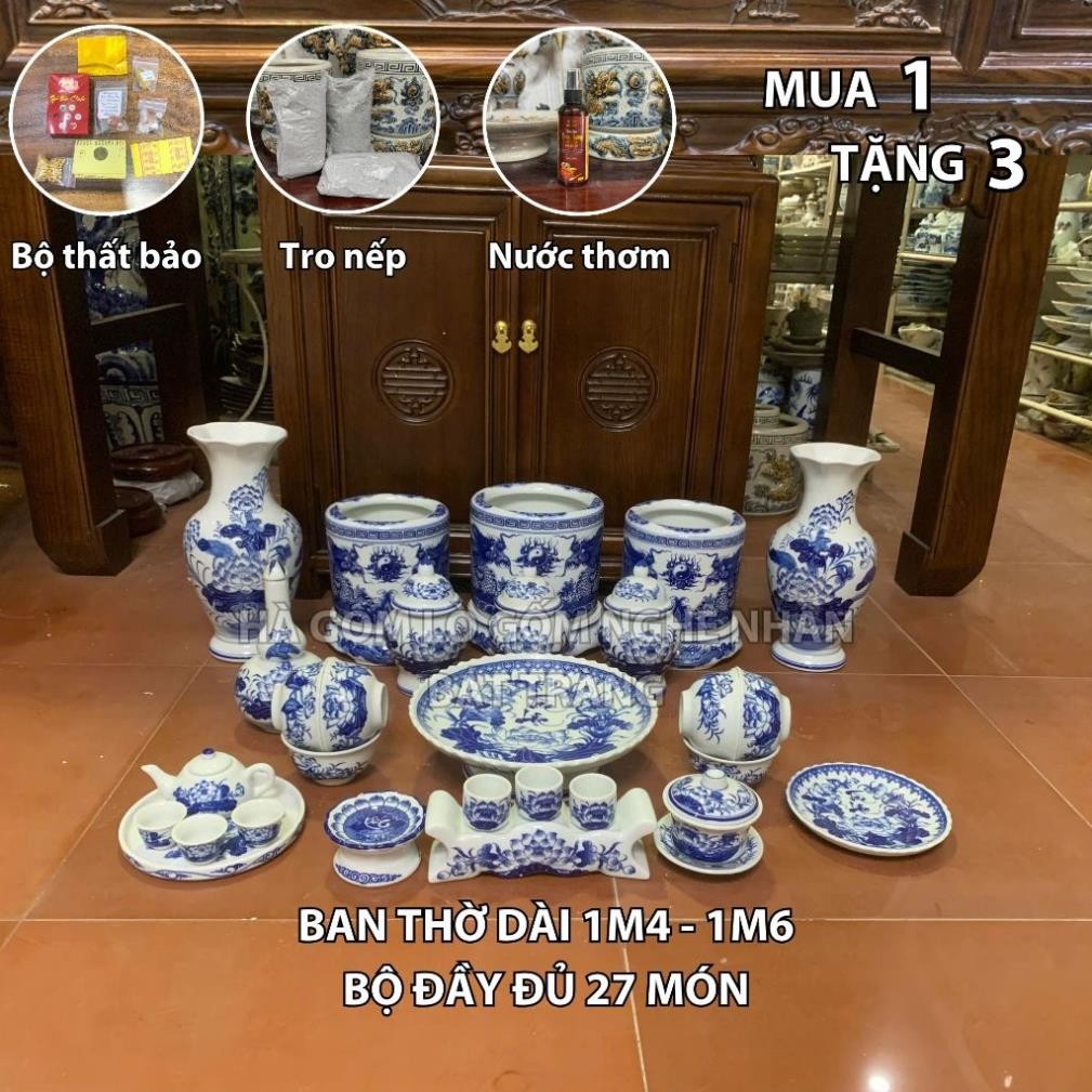 HG352 Đồ Thờ Cúng Bộ 27 món ban thờ 1M4 - 1M6 men lam nghệ nhân Bát Tràng chế tác TẶNG Thất Bảo, Tro Nếp