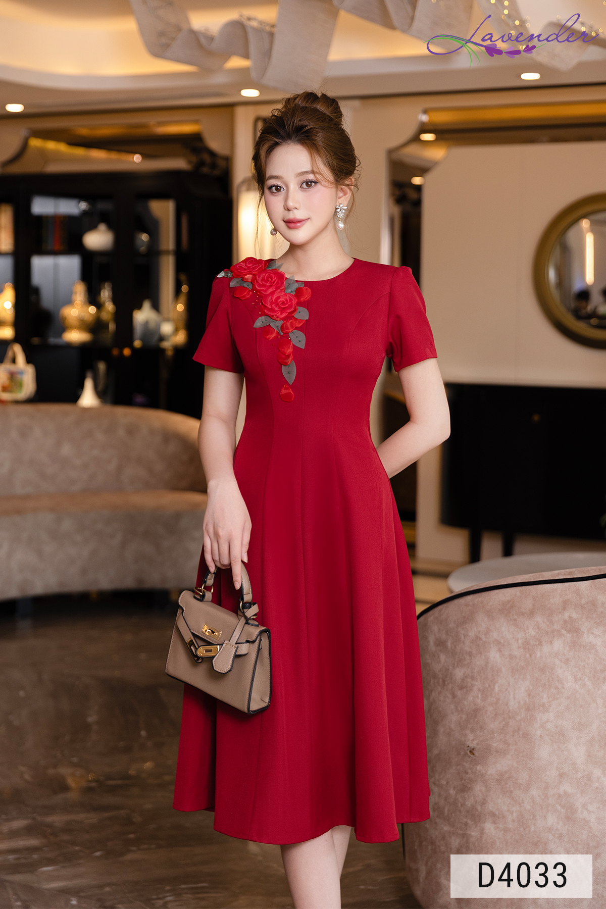  Đầm xòe đỏ cổ tròn cách điệu tay ngắn hoa duy băng D4033_thumbnail_3