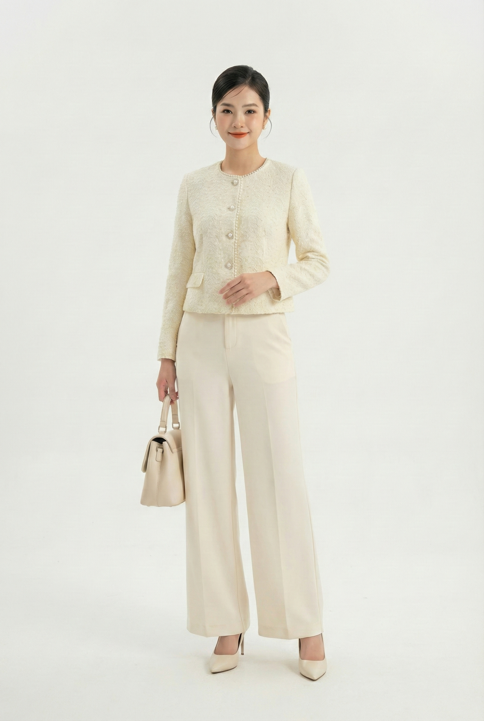 Áo khoác ngắn Suông Vải ren len Cổ tròn kẹp dây trai trang tri s Dài dưới eo_thumbnail_5