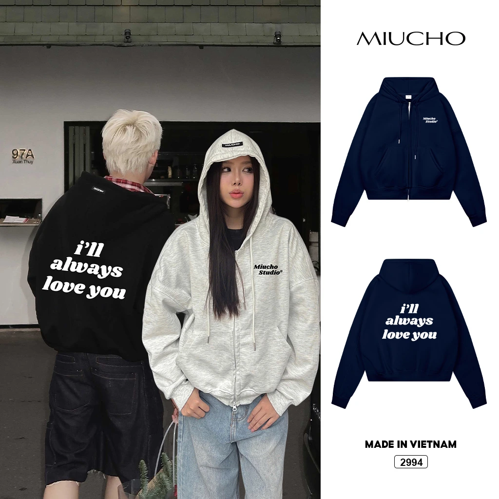 Áo hoodie zip boxy couple cặp đôi basic Miucho Club nỉ 2 da thoáng mát chuẩn form 2994