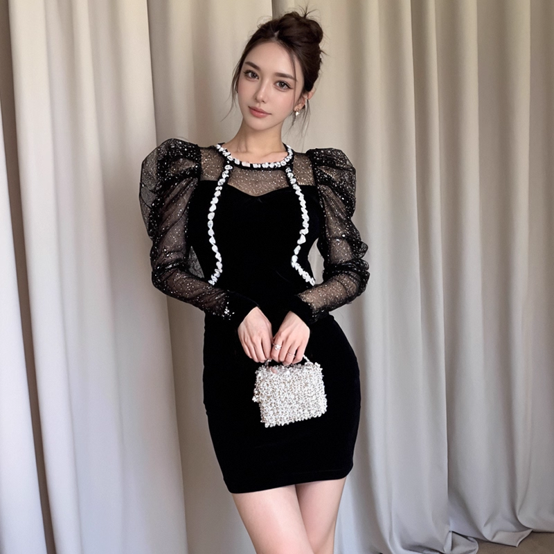 16338-Đầm body nhung phối tay voan lưới kim tuyến viền ren cách điệu ( thun nhung, voan lưới)_thumbnail_0