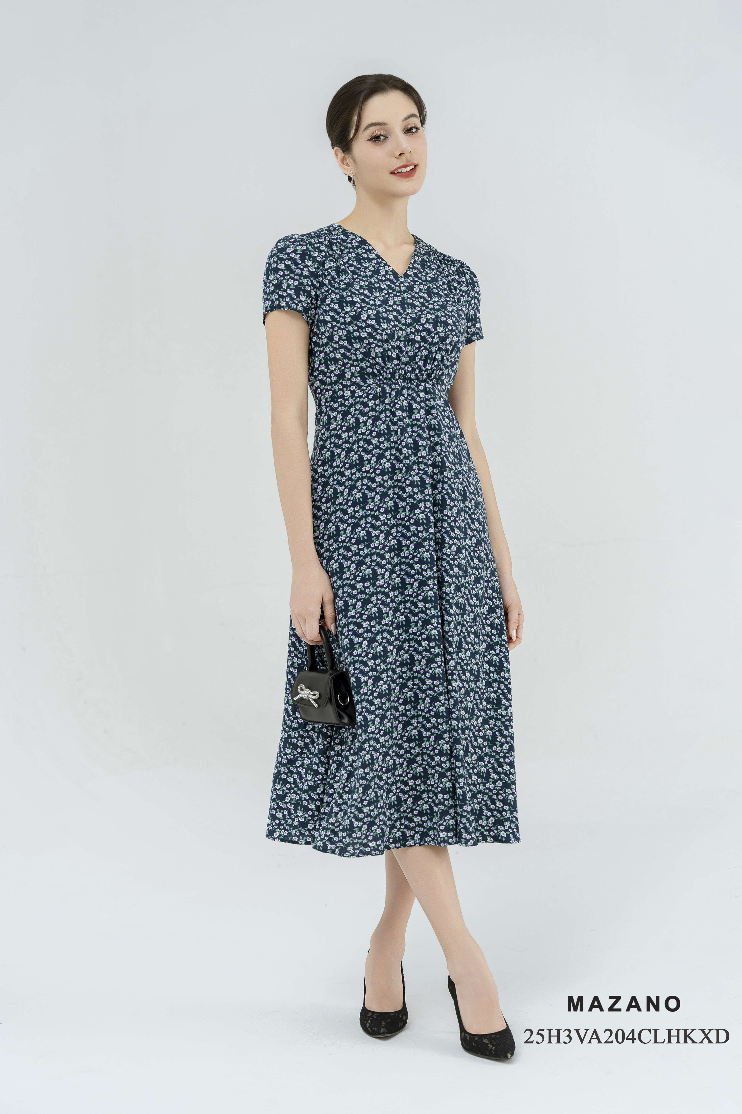 Váy Đầm eo cao thân ôm vừa nhún vai Cổ V tay ngắn Dài qua bắp chân_thumbnail_1