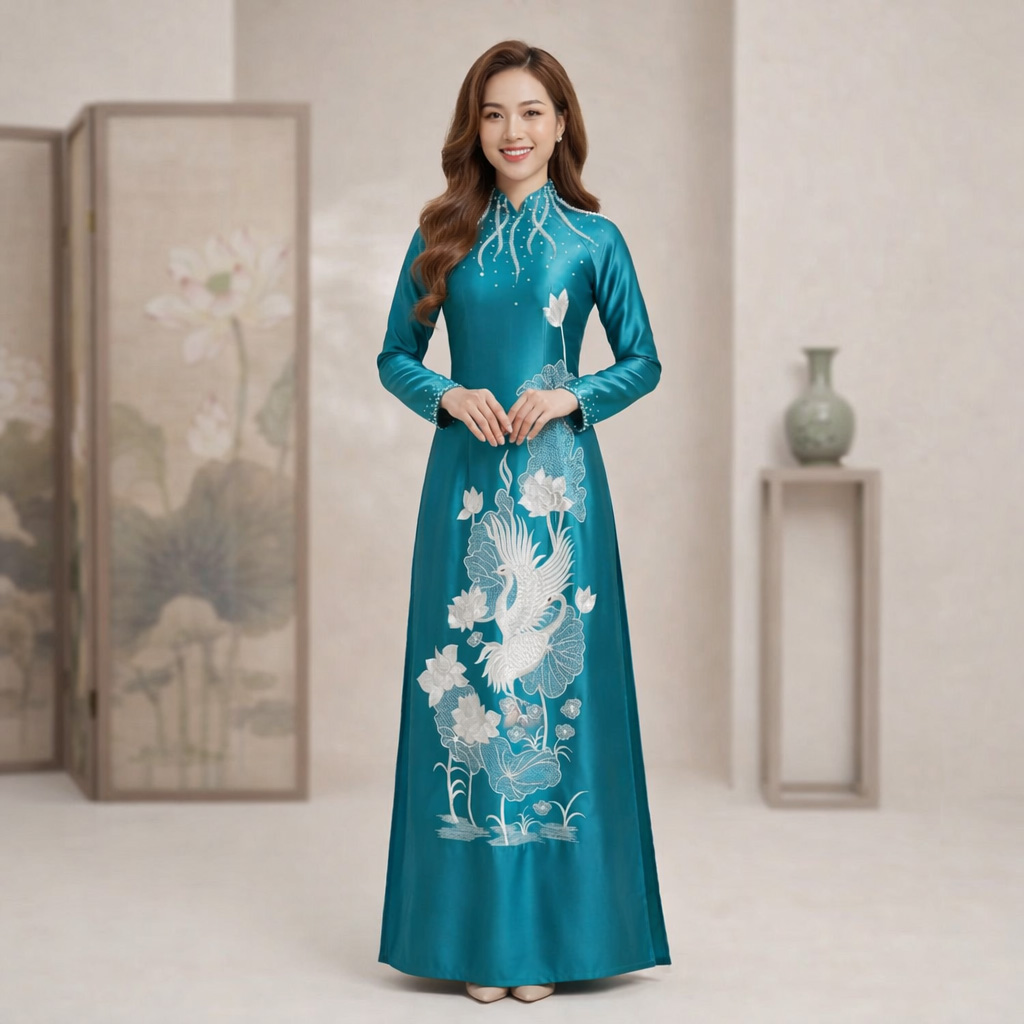 Áo Dài Mẹ Cô Dâu Chú Rể Thêu Hạc Hoa Sen Sang Trọng Chất Liệu Ruby Cao Cấp AM26-13