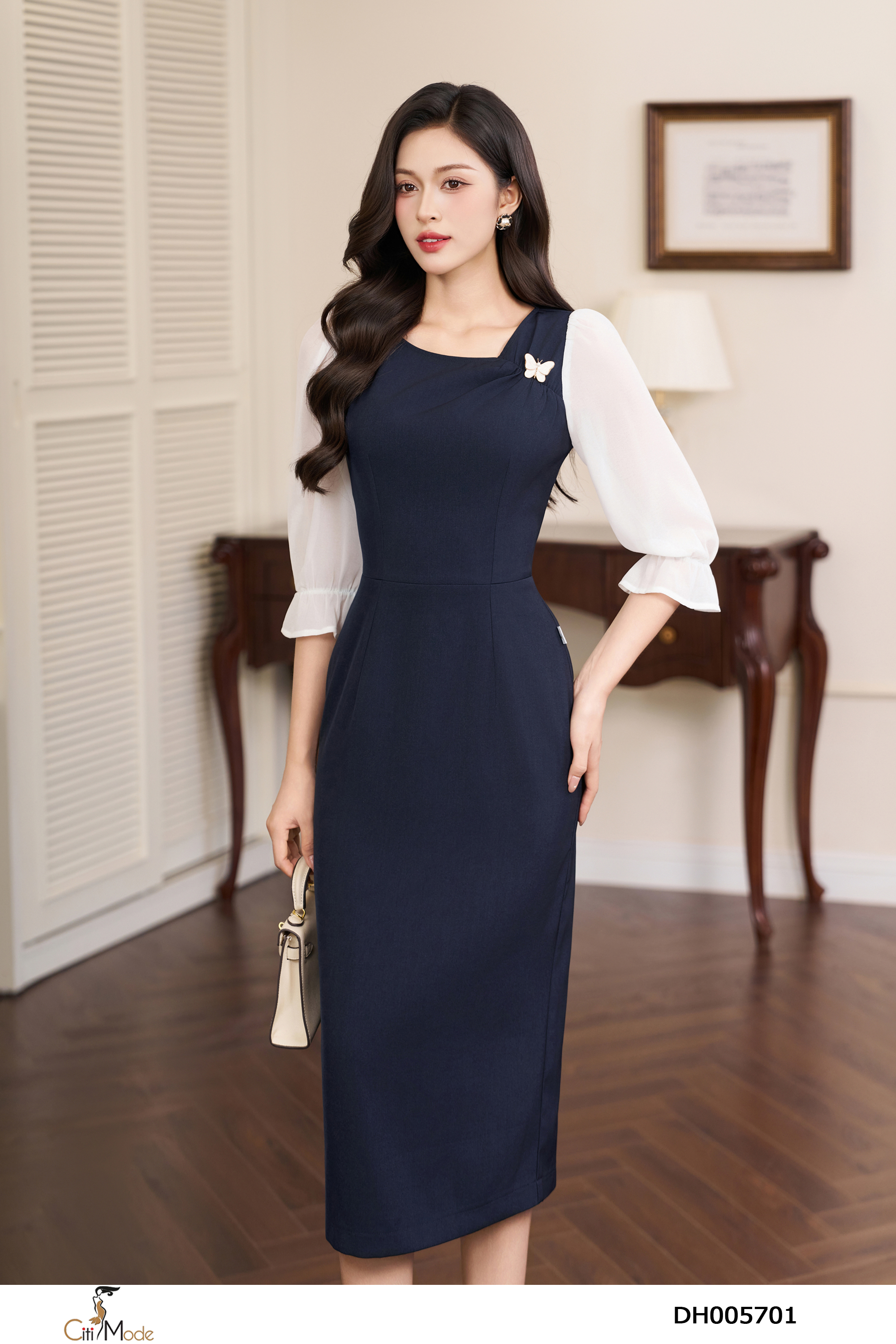 Đầm ôm tím than phối trắng tay lỡ nhún cổ cách điệu_thumbnail_2