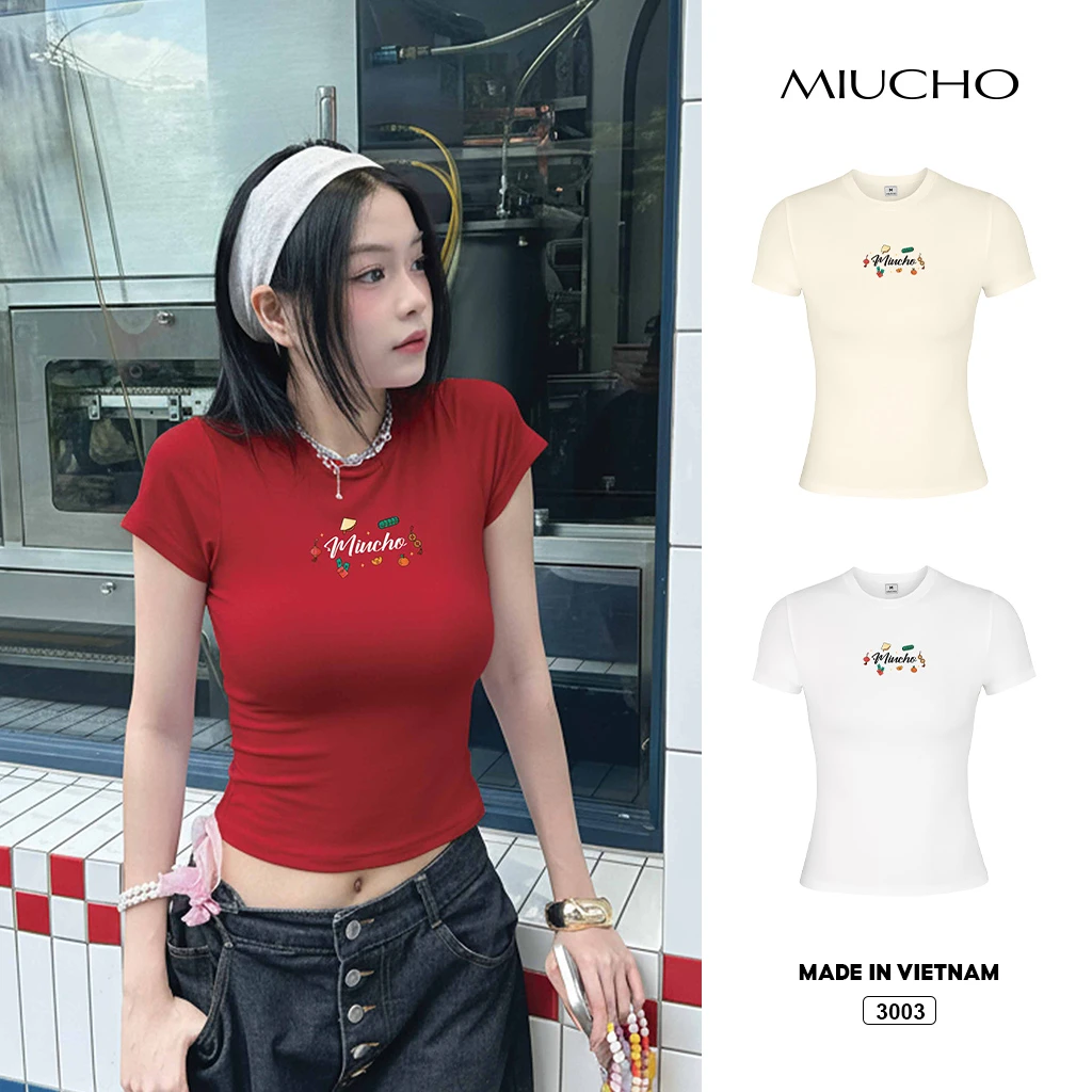 Áo baby tee nữ ôm body Miucho vải visco thoáng mát tôn dáng tay ngắn cổ tròn in mix 3003