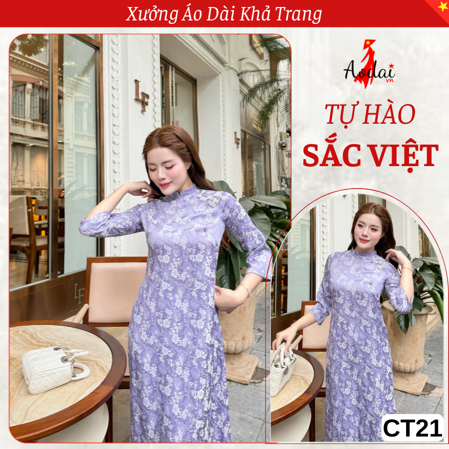 CT21 Áo Dài Cách Tân Gấm Dáng Suông màu Tím cà Cổ Cao 2cm Tay Lỡ_thumbnail_4