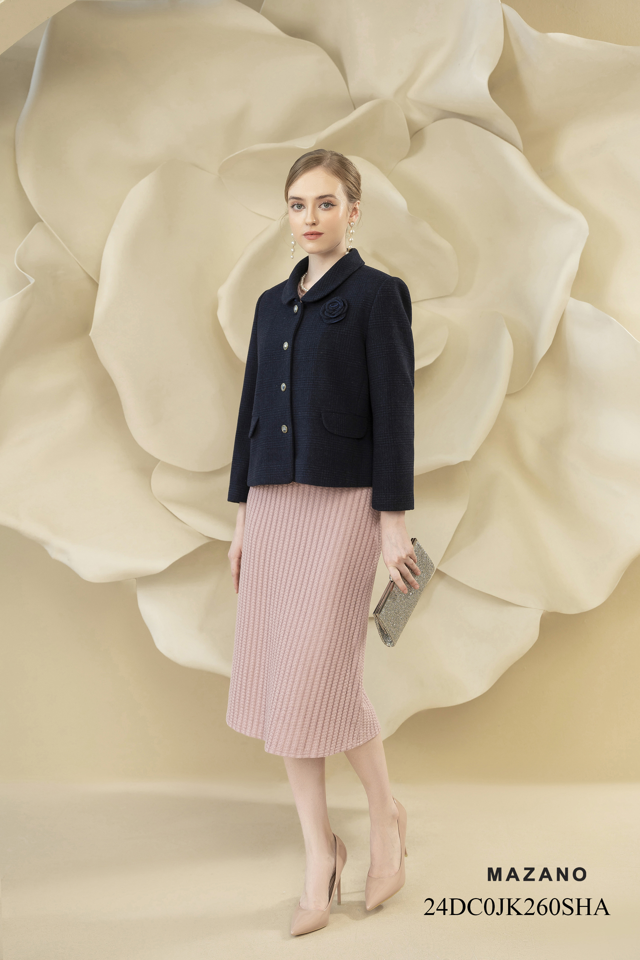 Áo khoác ngắn Suông Vải dạ tweed kẻ xanh tím than Dài dưới eo  JK260SHA_thumbnail_4