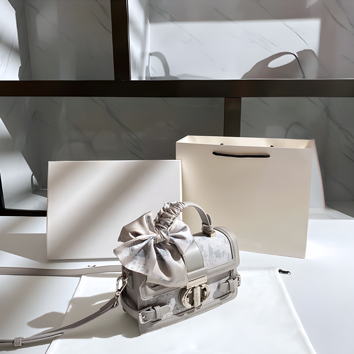 UHE_2522 – Túi xách LUMINA tặng khăn lụa | Da thêu hoa – 2 màu Hồng phấn & Xám bạc_thumbnail_6