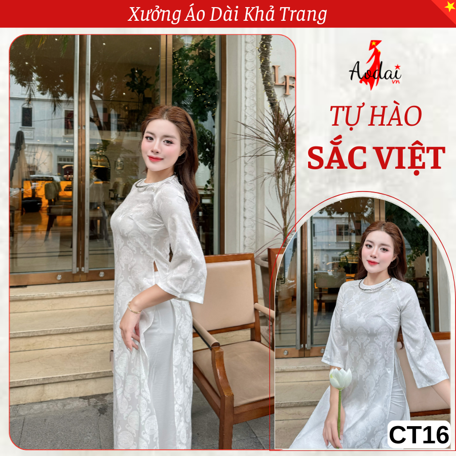 Bộ CT16 Áo Dài Gấm Dáng Suông Thọ Rơi màu Trắng Cổ Tròn Tay Lỡ_thumbnail_3