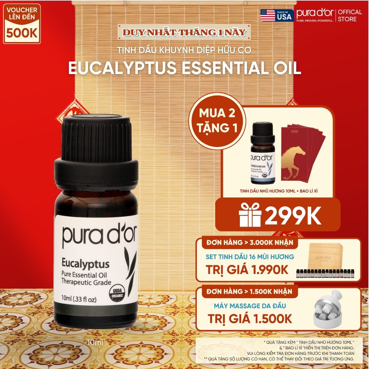 Tinh Dầu Khuynh Diệp Hữu Cơ PURA D’OR Therapeutic Grade Eucalyptus Essential Oil 10ML