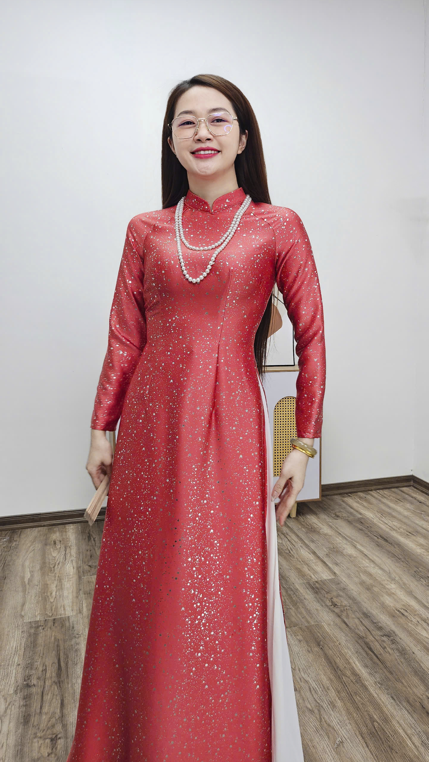 A3003 áo dài cổ 3p tay dài truyền thống lụa nano cam hồng phủ bạc