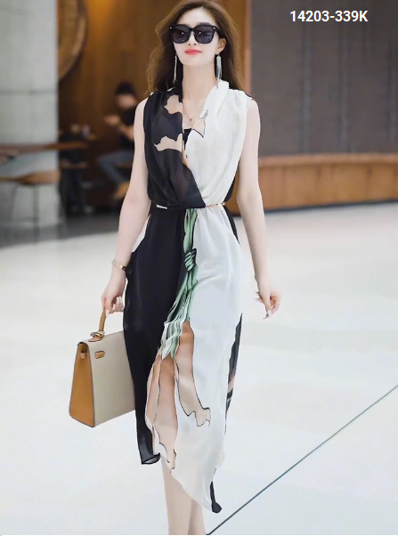 14203-Đầm voan sát nách cổ đắp chéo in màu đối lập (voan,lót)_thumbnail_0