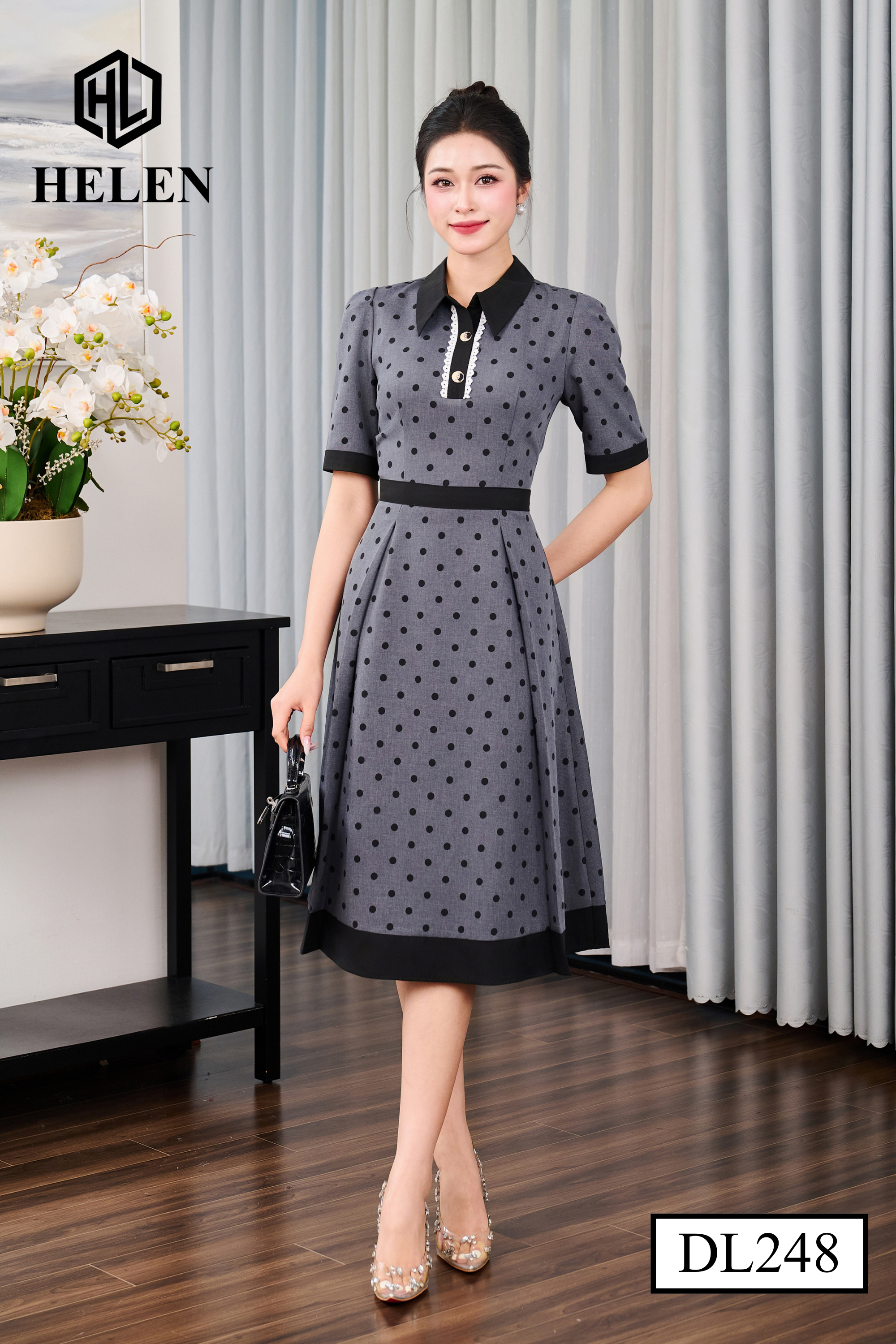 Đầm xòe ghi chấm đen cổ đức DL248_thumbnail_2