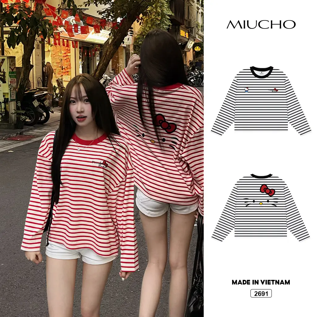 Áo thun boxy tay dài Miucho vải rib thoáng mát mềm mại co giãn tốt cổ tròn kẻ sọc kitty in mix 2691