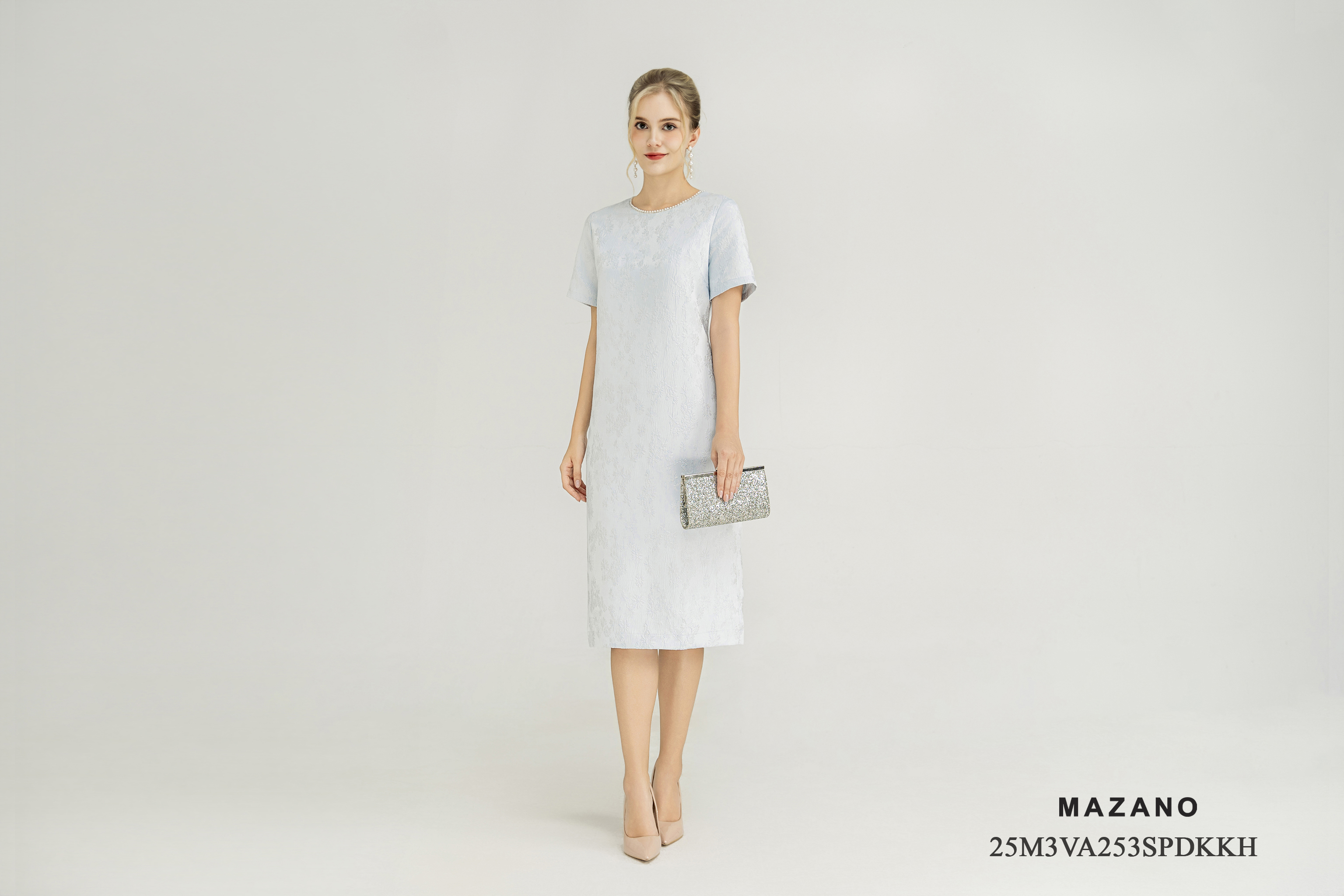 Váy đầm suông Vải tafta gấm Họa tiết hoa chìm 3D Cổ tròn Trang trí đính ngọc trai Tay ngắn Dài đến bắp chân