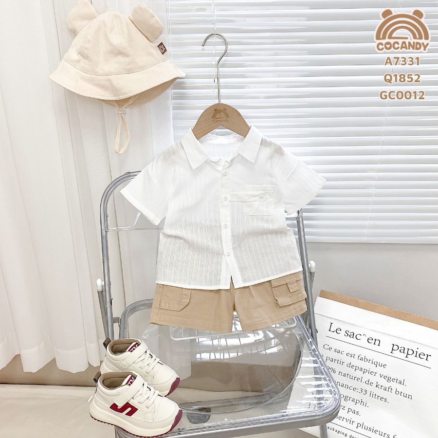 Áo cộc sơ mi TRẮNG túi ngực phối dây cúc