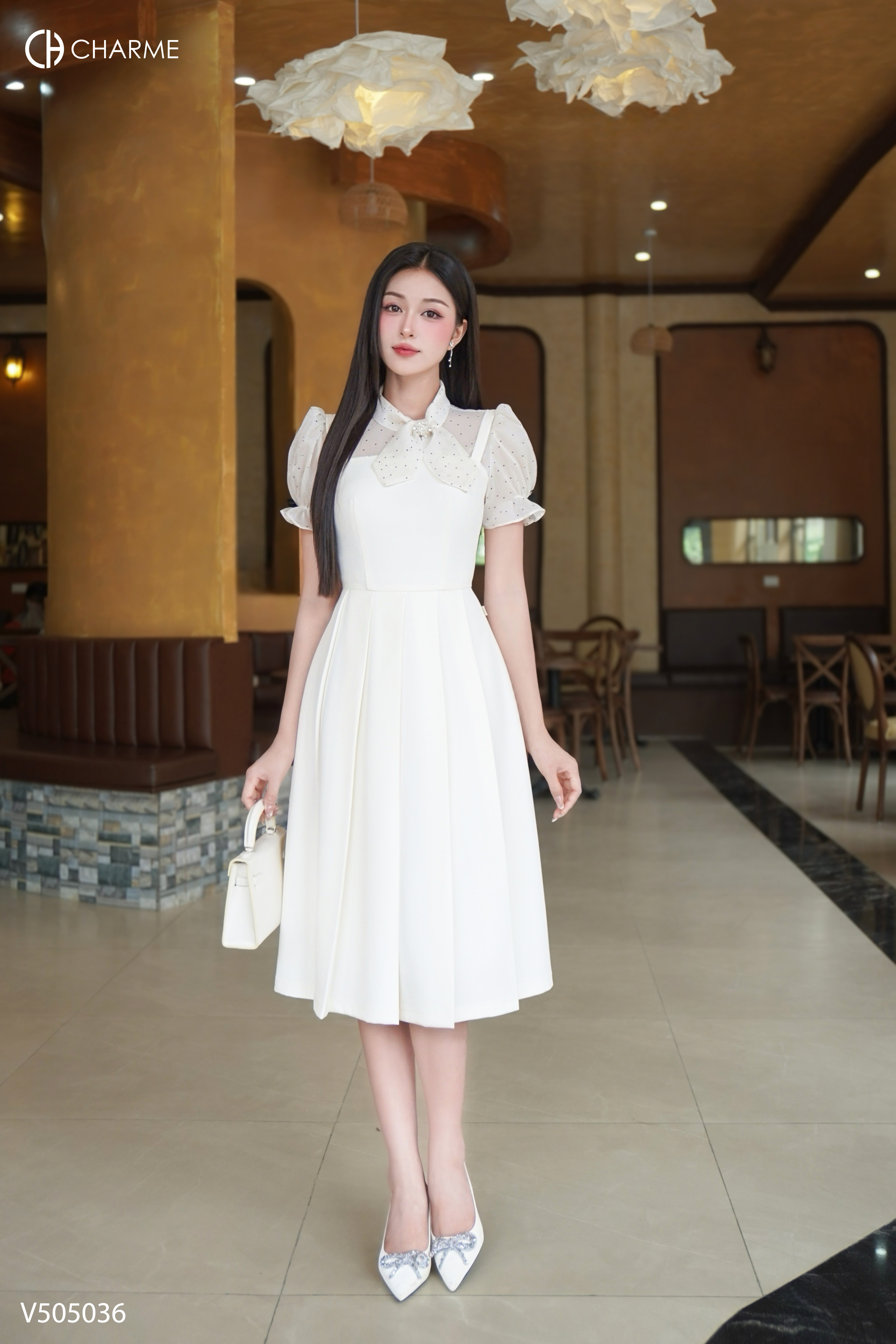 Váy xếp ly dáng dài phối tơ