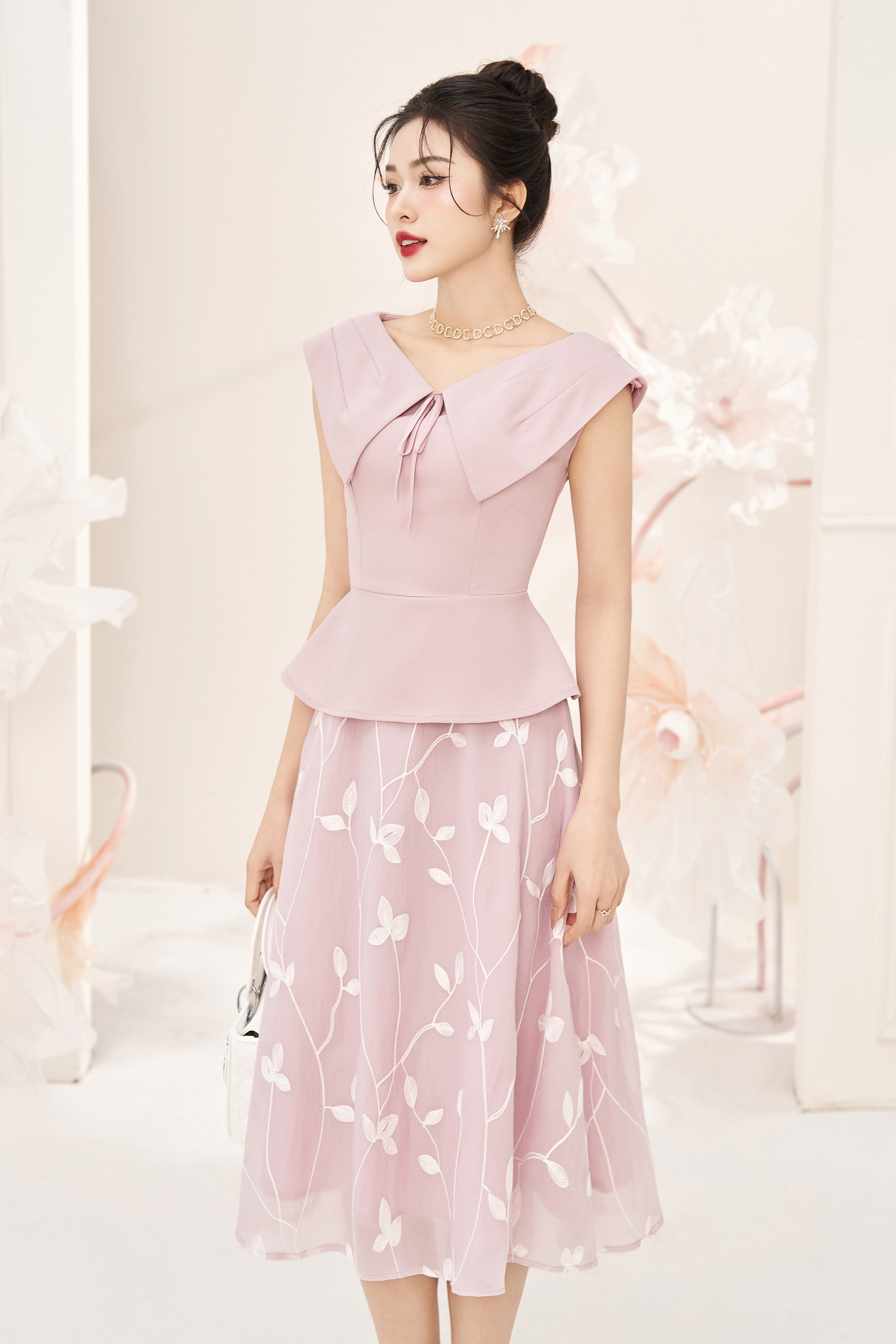 Đầm xoè peplum hồng phối chân váy hoa_thumbnail_3