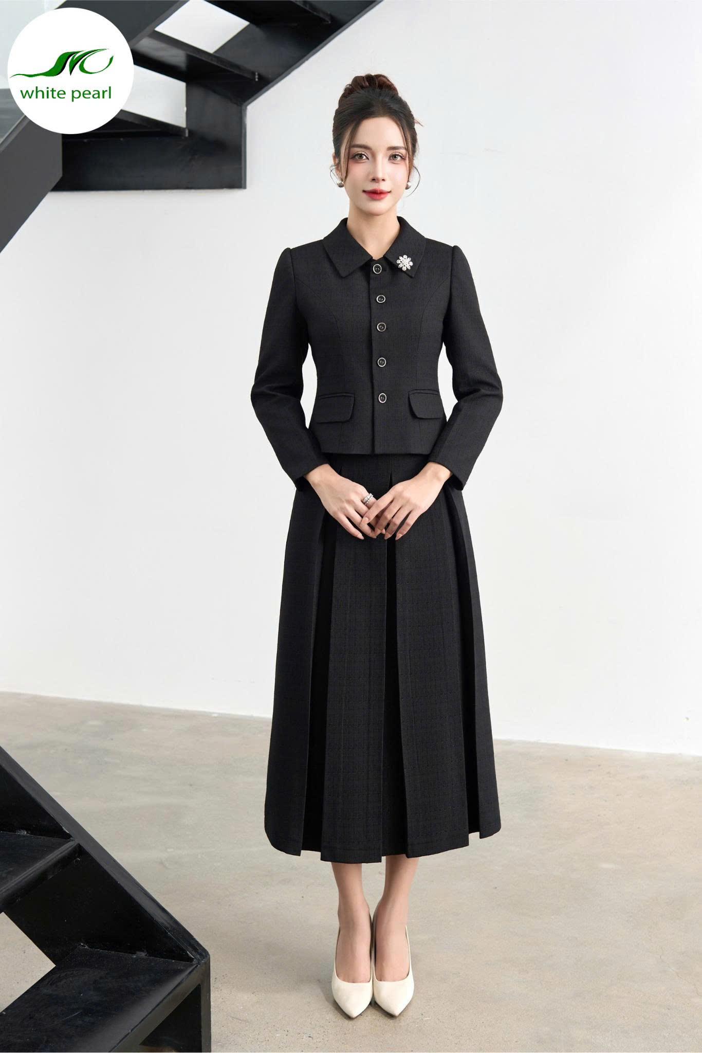 Áo vét dạ cổ sên vuông / Chân váy thời trang xoè dập ly Thời Trang Công Sở White Pearl