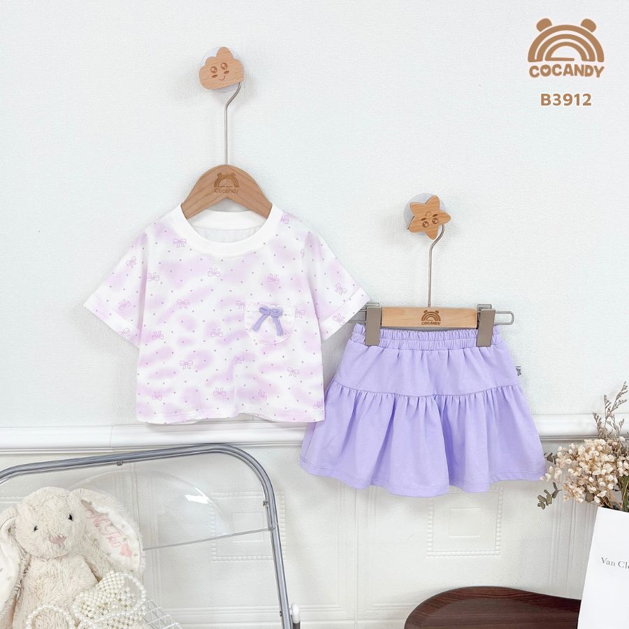 Bộ váy cộc TÍM TRẮNG phối túi ngực nơ nhỏ