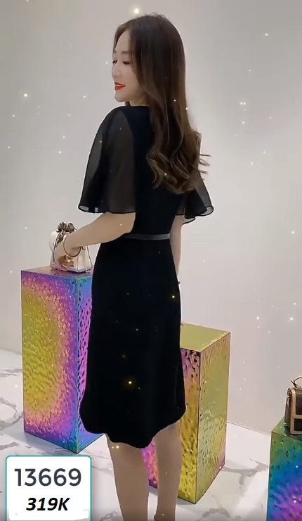 13669-Đầm suông tay tiên  cổ  vest đắp chéo cách điệu(kèm nịt ,thun hà lan phối voan, khóa hông)_thumbnail_6