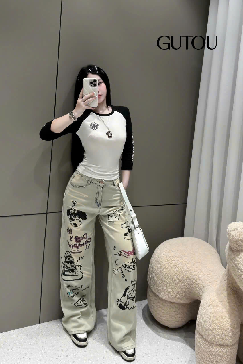 [ GUTOU ] Quần Jean Suông Hoạt Hình Dog Camping