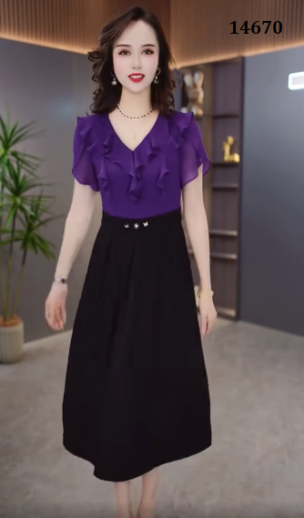 14670-Đầm xòe A phối hai màu tím đen cách điệu ( voan, poly 2  da)_thumbnail_1