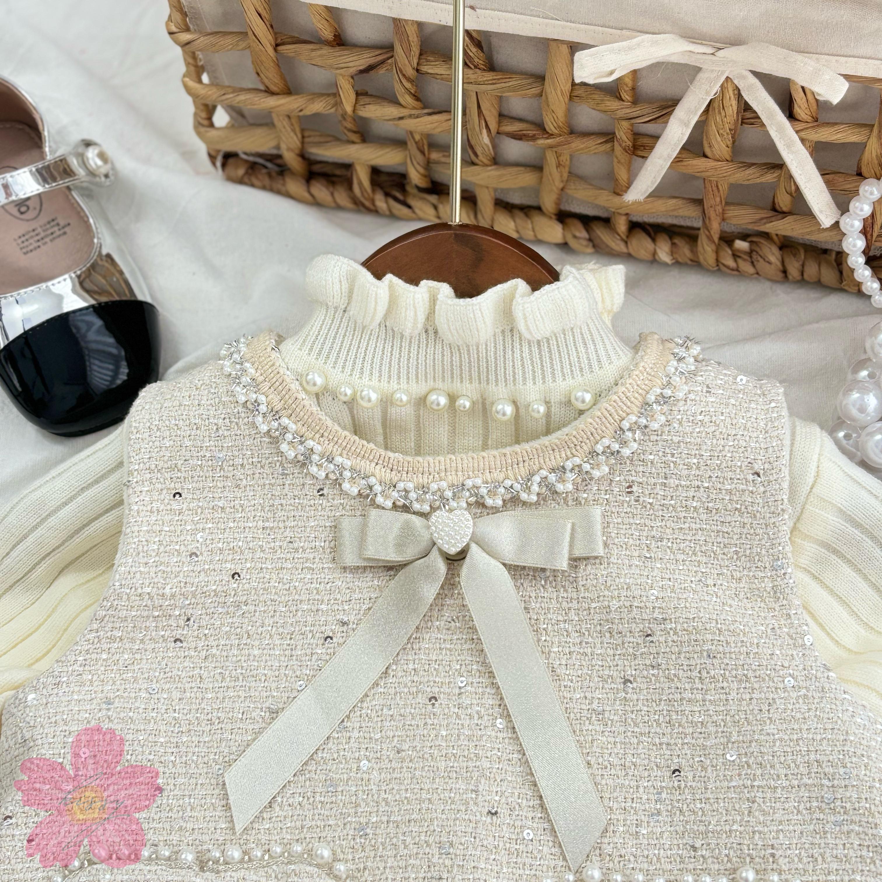 Set Váy Dạ Liền Voan Mềm Sang Chảnh Kèm Áo Len Giữ Nhiệt Mẫu Mới 2024 QCCC Dành Cho Bé Gái Sang Chảnh_thumbnail_1