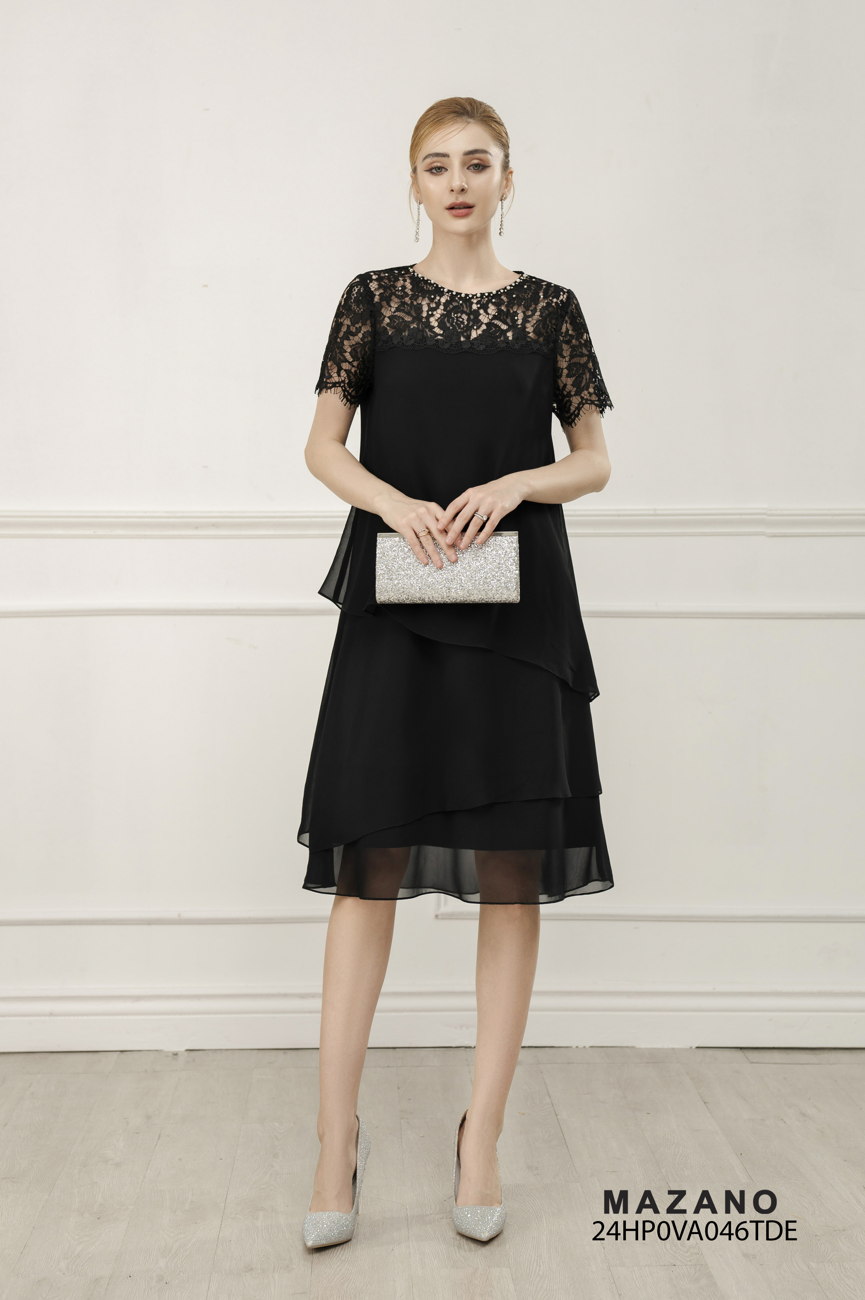 Váy Đầm suông A larer Vải voan mỏng Phối zen thêu Đính trang trí Cổ tròn Tay ngắn Dài qua gối_thumbnail_2