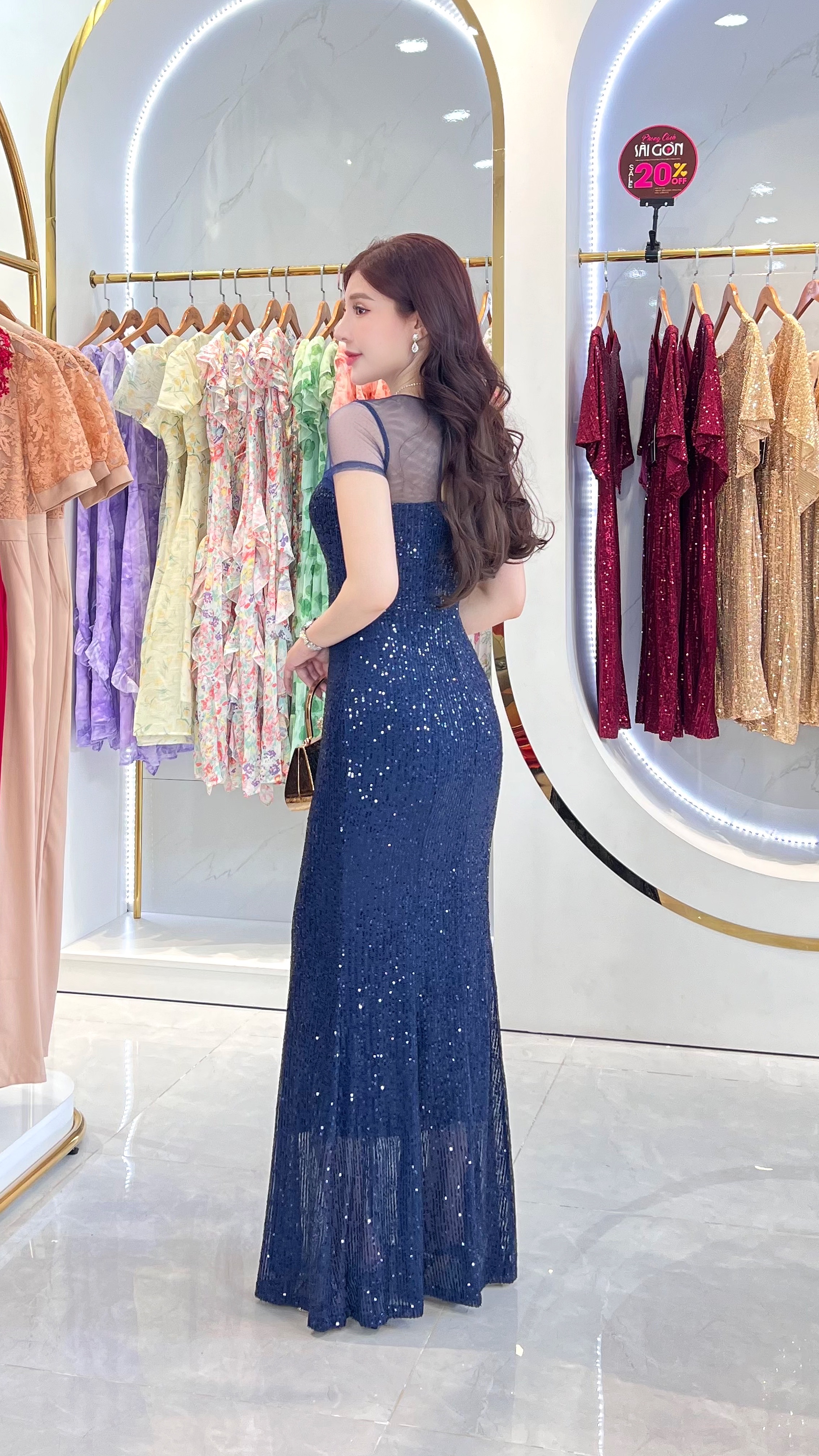 Đầm dự tiệc đuôi cá kim sa phối lưới đính đá cao cấp_thumbnail_1