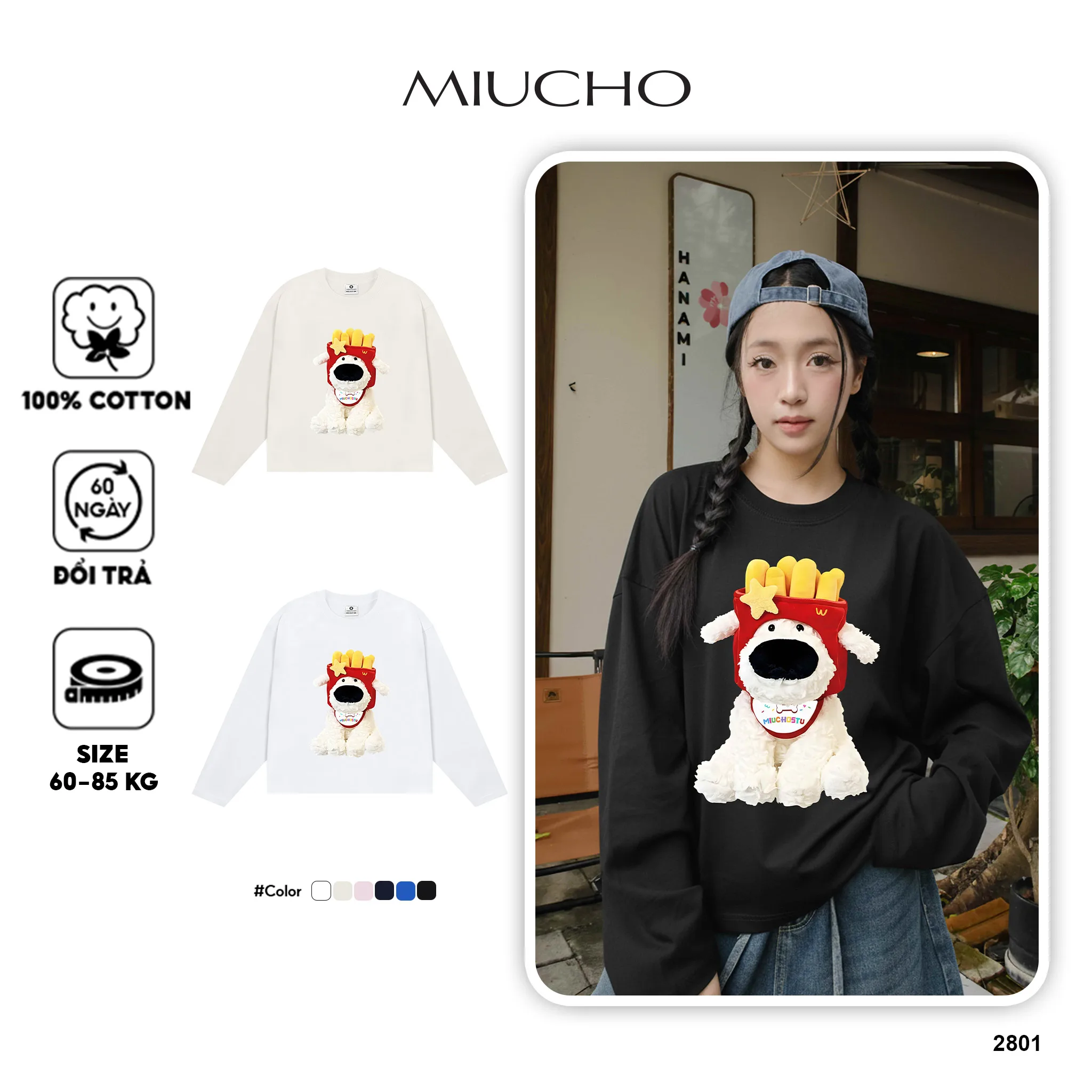 Áo thun form boxy tay dài Miucho vải cotton thoáng mát thoải mái dễ phối hình cũn in mix 2801