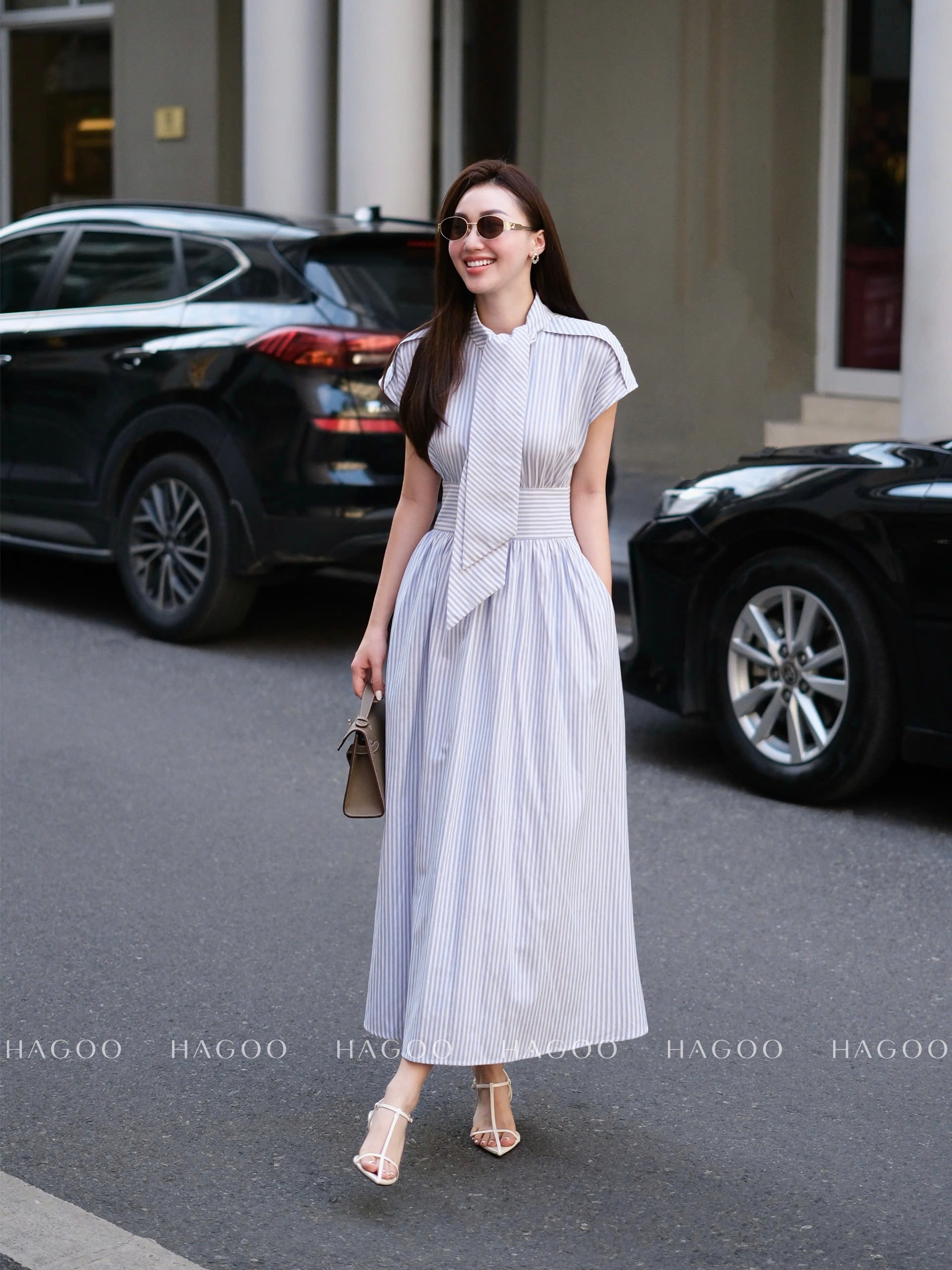 Váy kẻ sọc dây nơ HAGOO_thumbnail_1