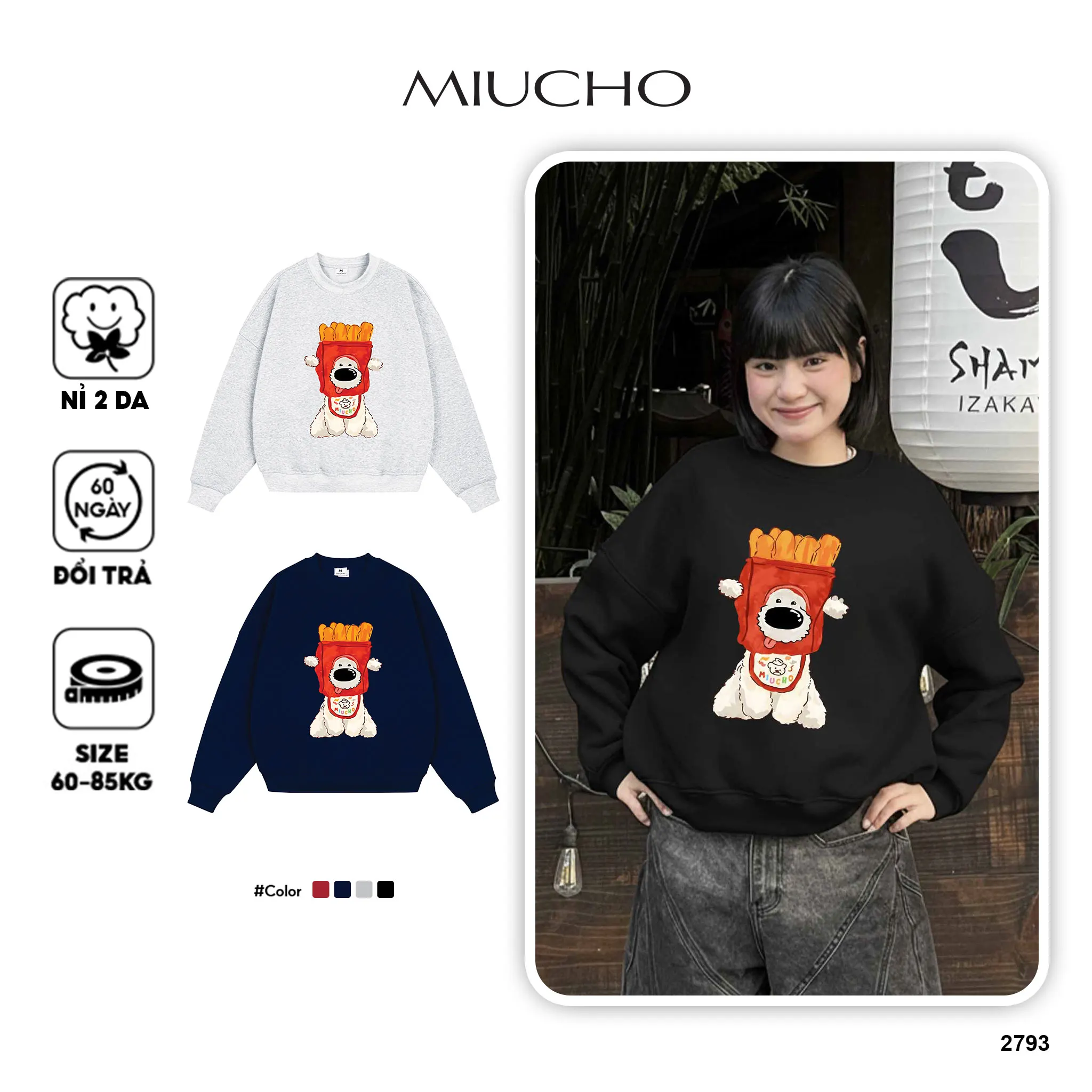 Áo Sweater boxy Miucho nỉ 2 da thoáng mát dày dặn cổ tròn đủ size hình cún in mix 2793