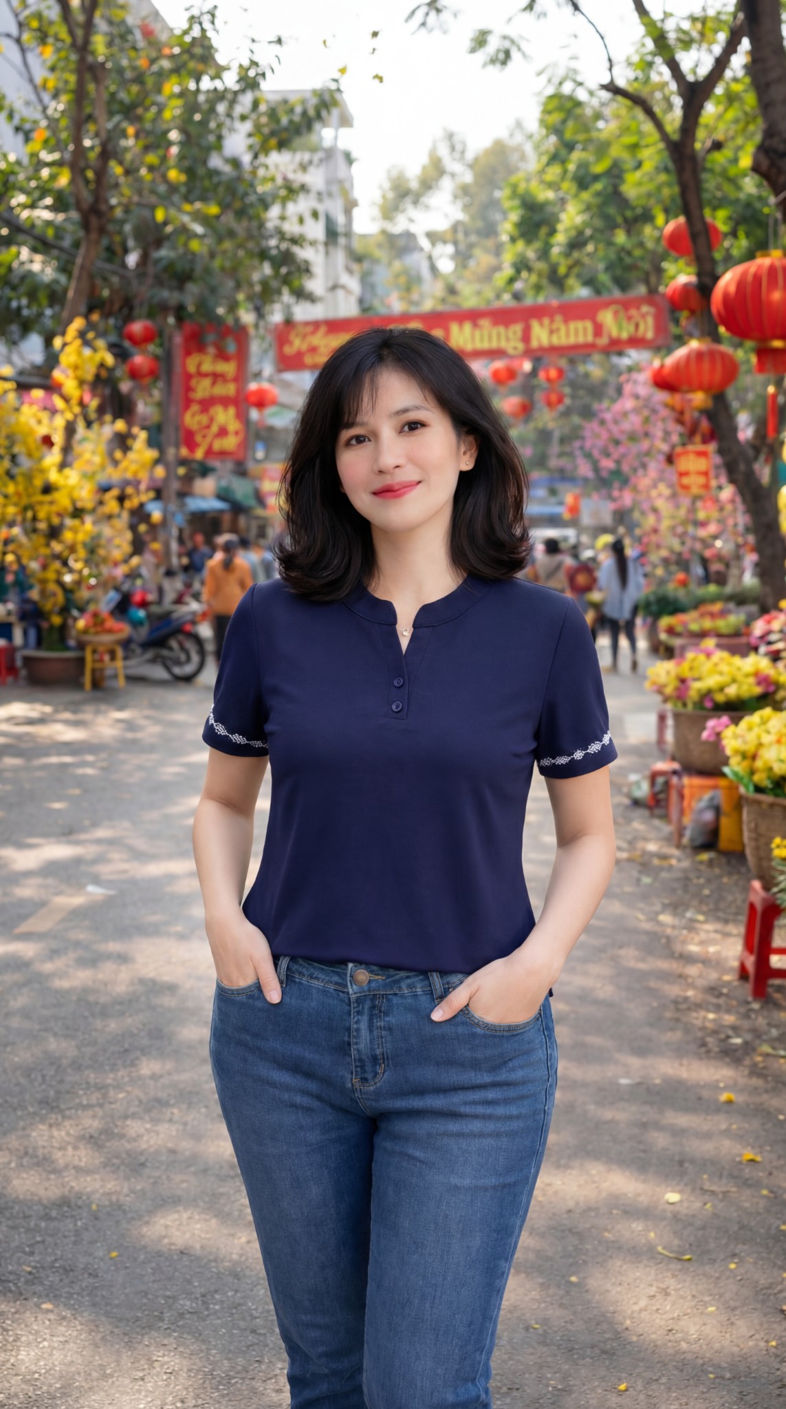 ATF265-Áo Thun Cổ V Phối Hoa