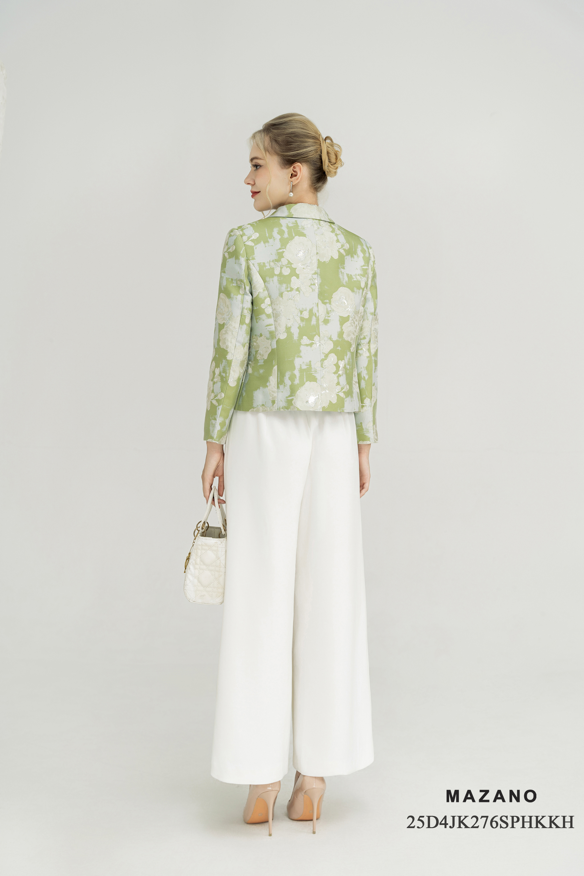 Áo khoác ngắn Suông Vải tafta gấm Họa tiết hoa cách điệu Cổ bẻ Dài dưới eo_thumbnail_3