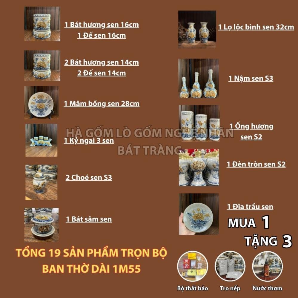 HG024 Đồ Thờ Cúng Bộ 19 món ban thờ 1M55 men rạn nổi nghệ nhân Bát Tràng chế tác TẶNG Thất Bảo, Tro Nếp_thumbnail_1