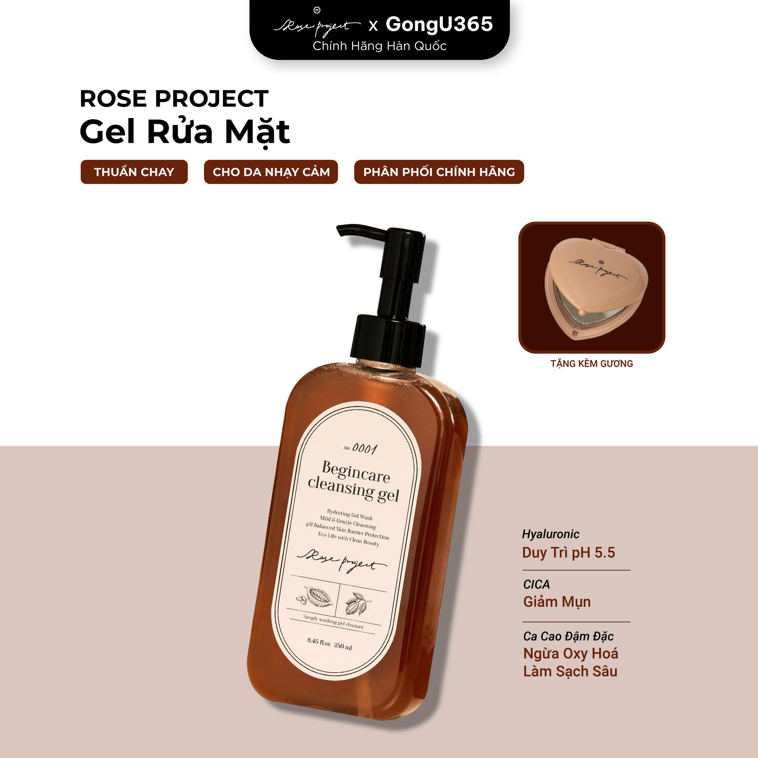 ROSE PROJECT BEGINCARE CLEANSING GEL - Gel Rửa Mặt Thuần Chay Làm Sạch Sâu Dịu Nhẹ Cho Da Mụn - Chiết Xuất Ca Cao, Rau Má, Dừa - 250ml - [RP001]