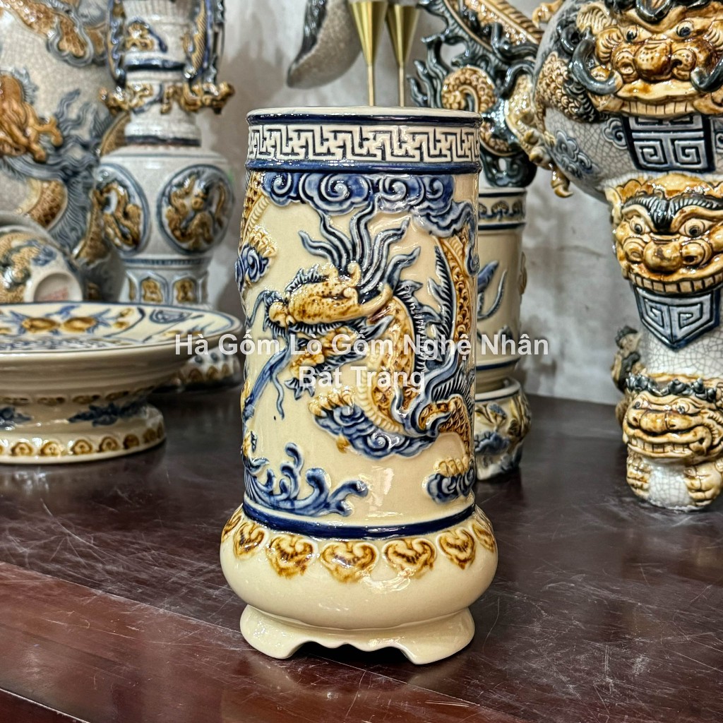 Đồ Thờ Cúng Lọ Đựng Hương Men Hoàng Thổ - Ống Cắm Hương Rồng, Sen Thờ Cúng Bát Tràng - Nghệ nhân