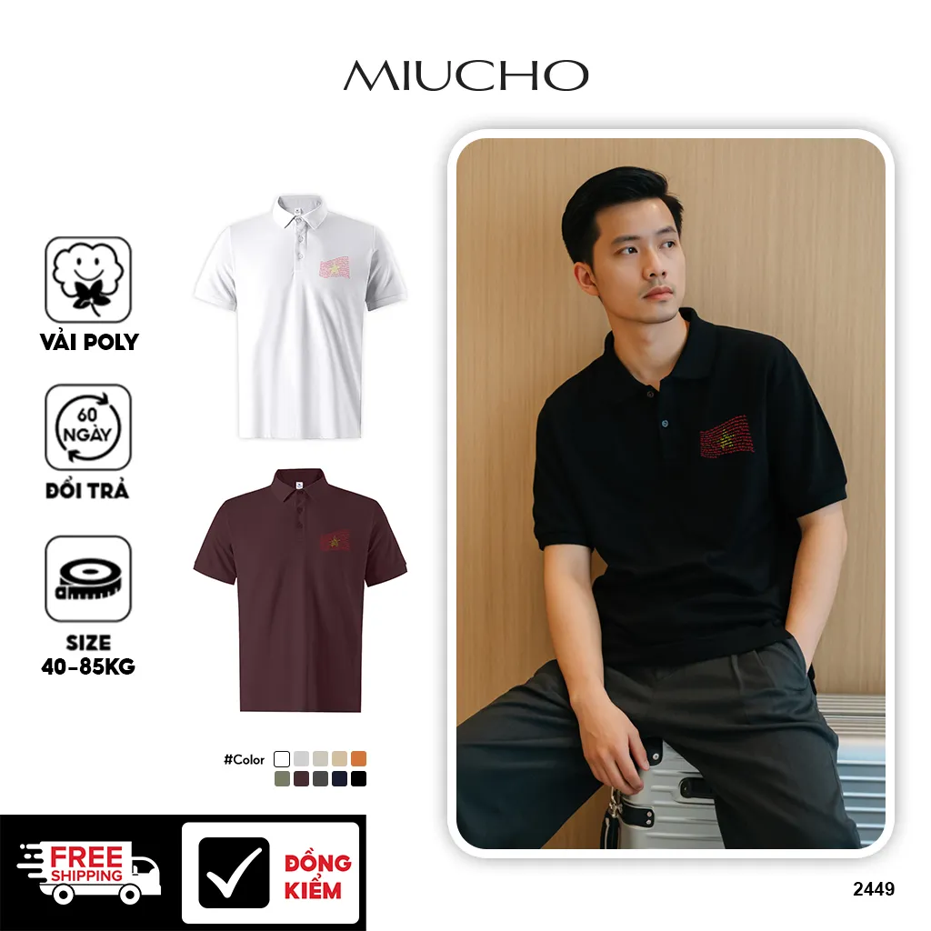 Áo polo nam cờ đỏ sao vàng PLCSD2449 Miucho Iconic vải polyester thoáng mát cổ trụ in typography