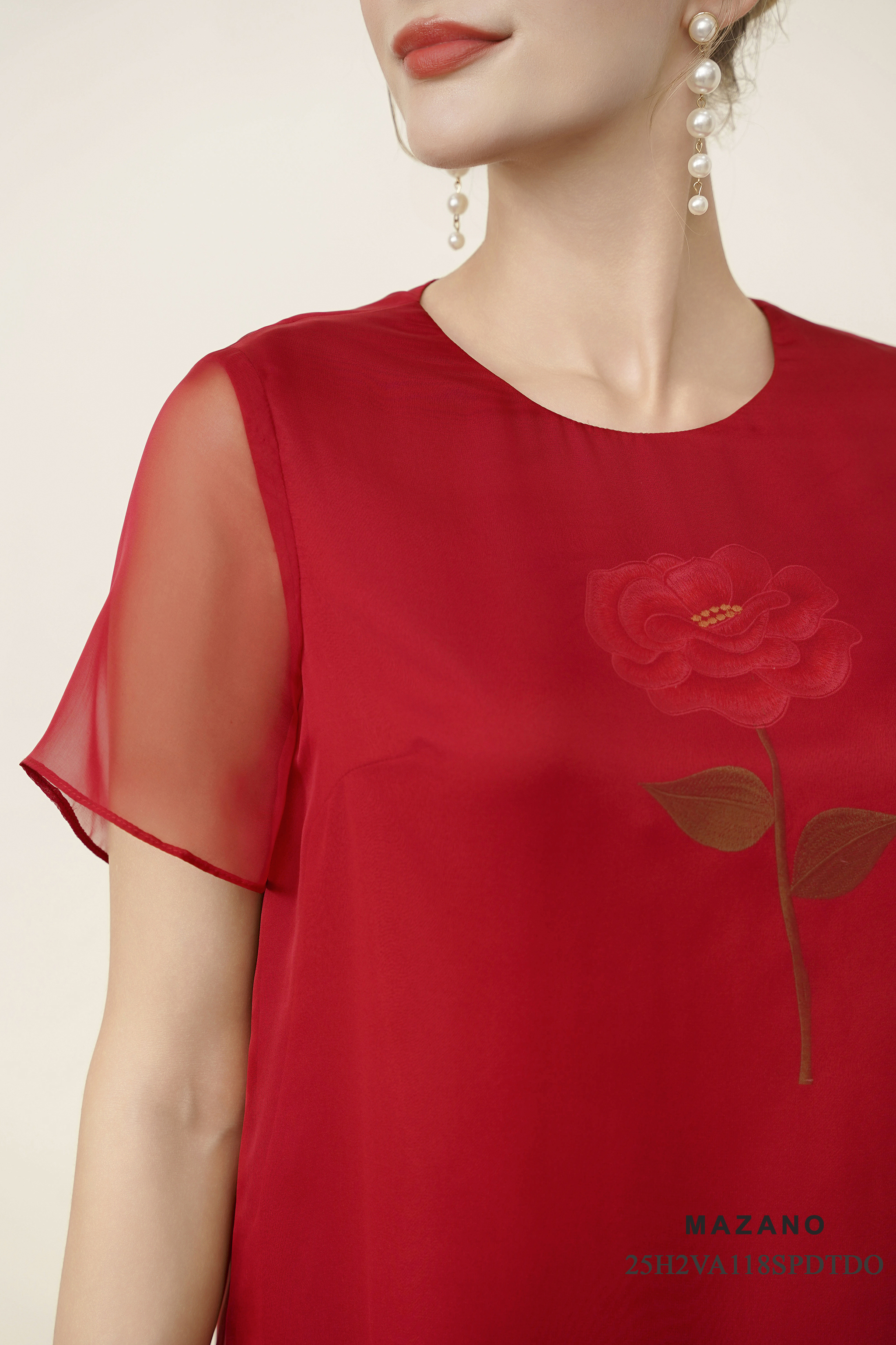 Váy Đầm suông Vải voan mỏng thêu họa tiết bố cục Cổ tròn tay ngắn dài qua gối_thumbnail_2