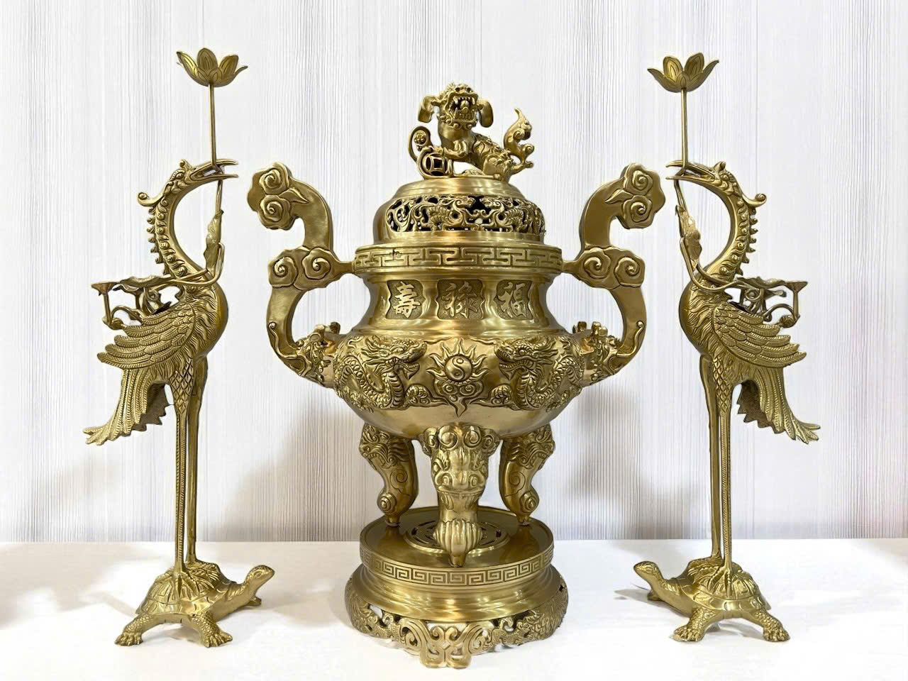 Bộ đỉnh thờ ngũ sự cao 70cm đồng vàng thau màu mộc _thumbnail_3