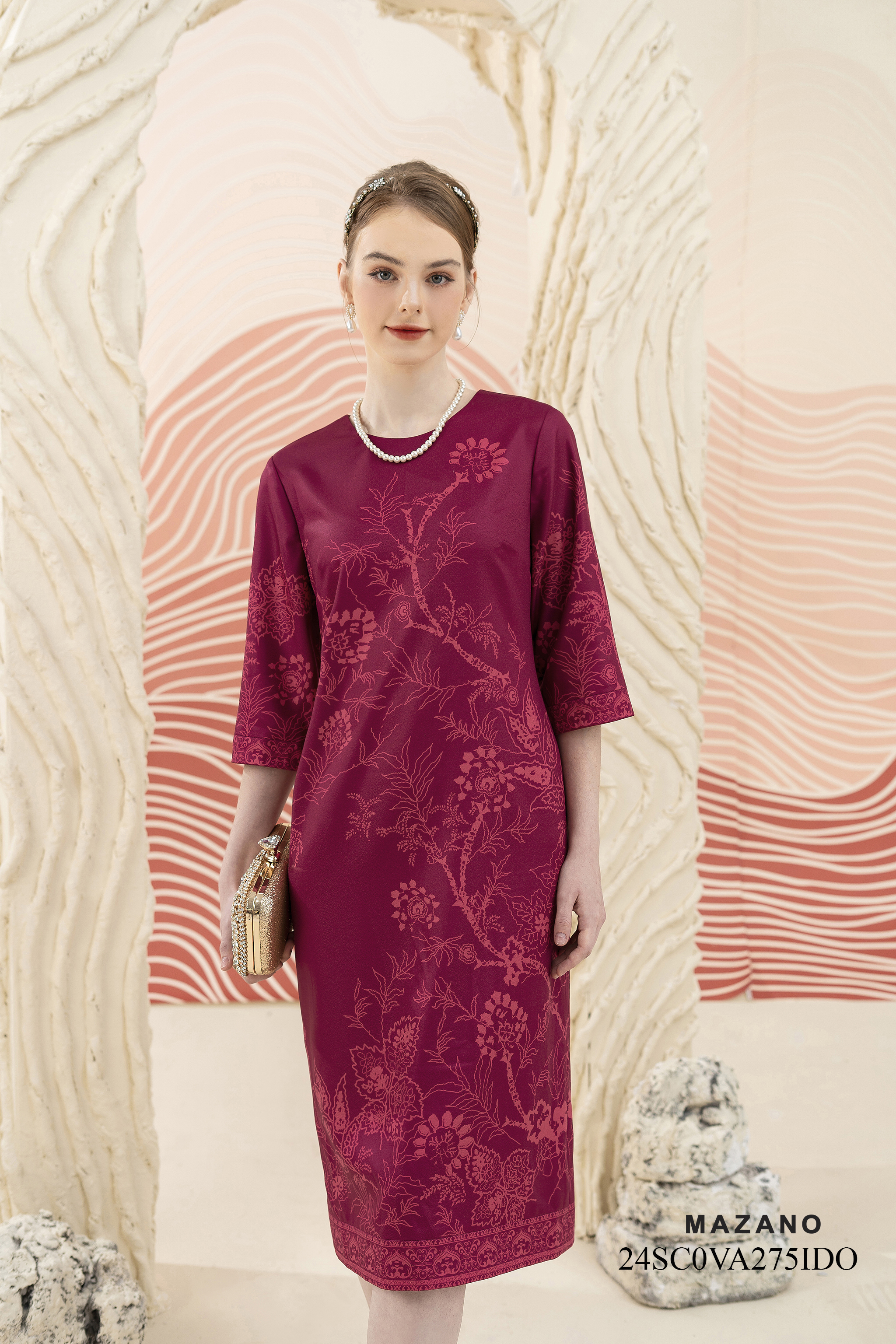 Váy Đầm suông Vải thô Hoạ tiết cách điệu Cổ tròn Tay lỡ Dài đến bắp chân_thumbnail_2