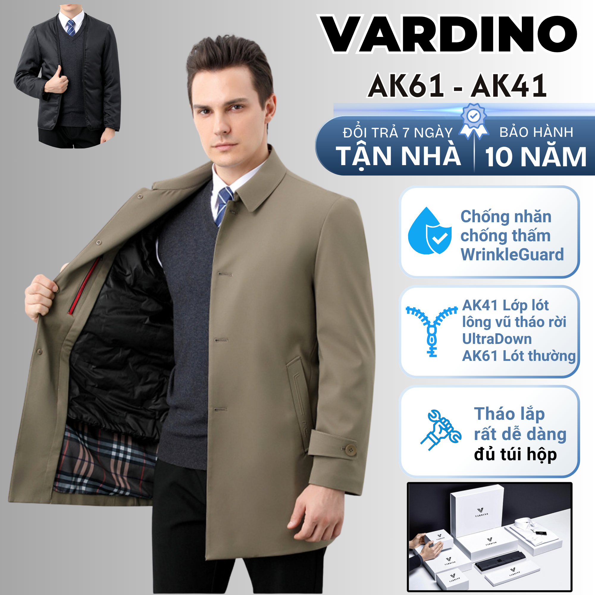 Áo khoác mangto nam công sở Vardino AK41 lót lông vũ tháo rời