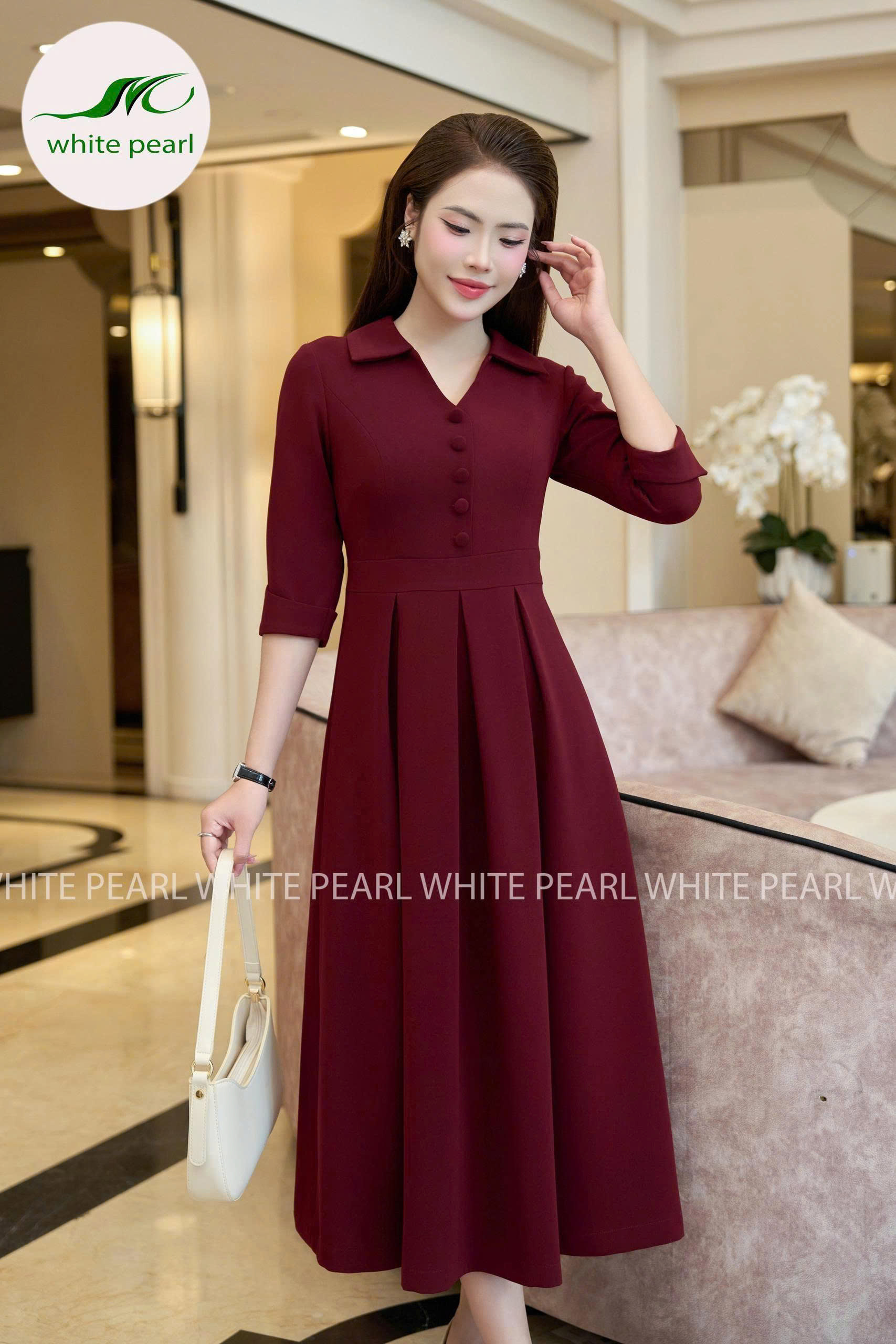 Đầm liền tay lỡ Thời Trang Công Sở Nữ Cao Cấp White Pearl_thumbnail_2