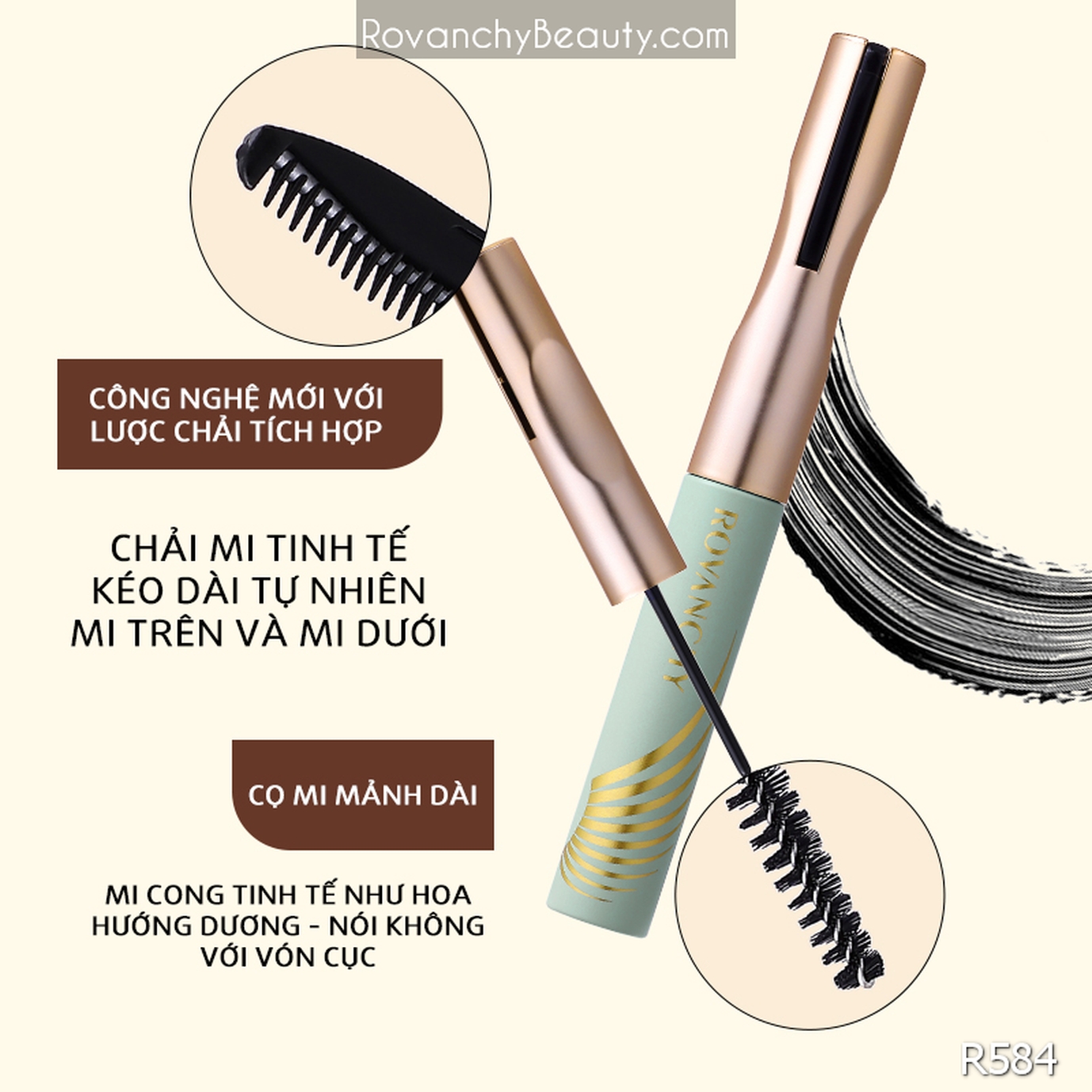 Mascara R584 ROVANCHY Chống Thấm Nước, Định Hình Mi Cong Dài Tự Nhiên, Chải Mi Mượt Không Vón Cục