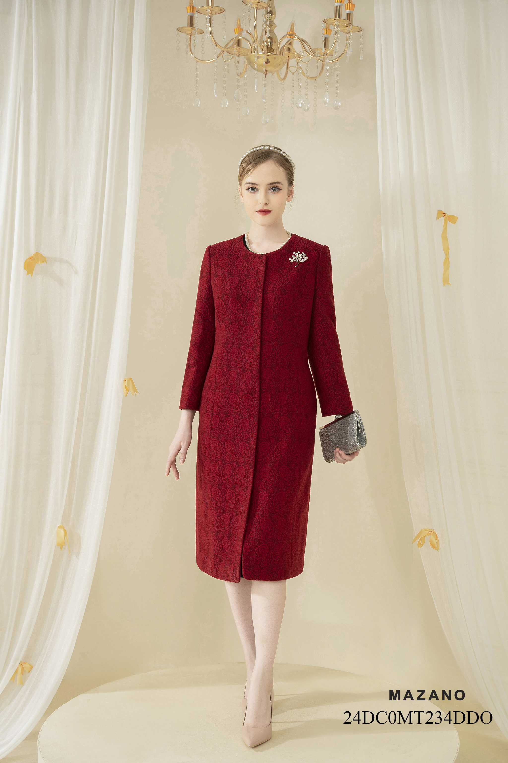 Áo dạ măng tô Suông Vải dạ lông cừu Đính hoa thủ công Cổ tròn Dài dưới eo_thumbnail_3